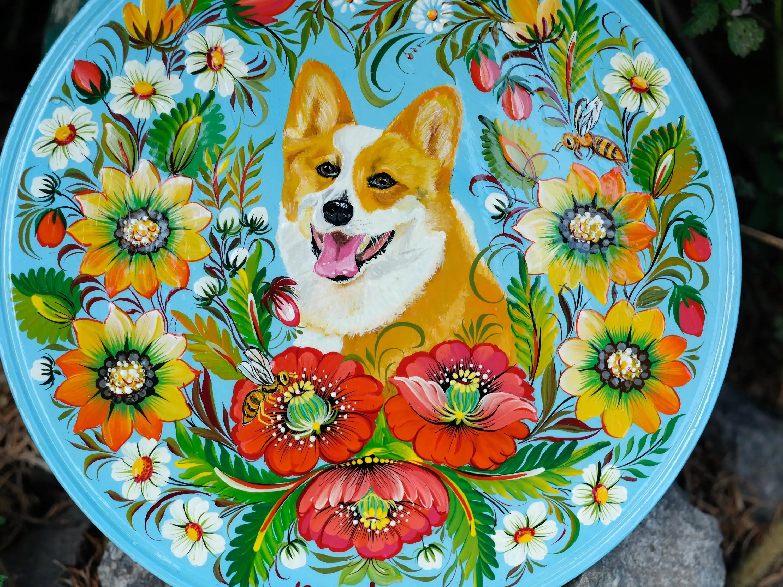 Custom Pet Portrait Painting on Wooden Plate - Personalized Pet Loss Memorial Gift, Animal Portrait Decorated with Petrykivka Art