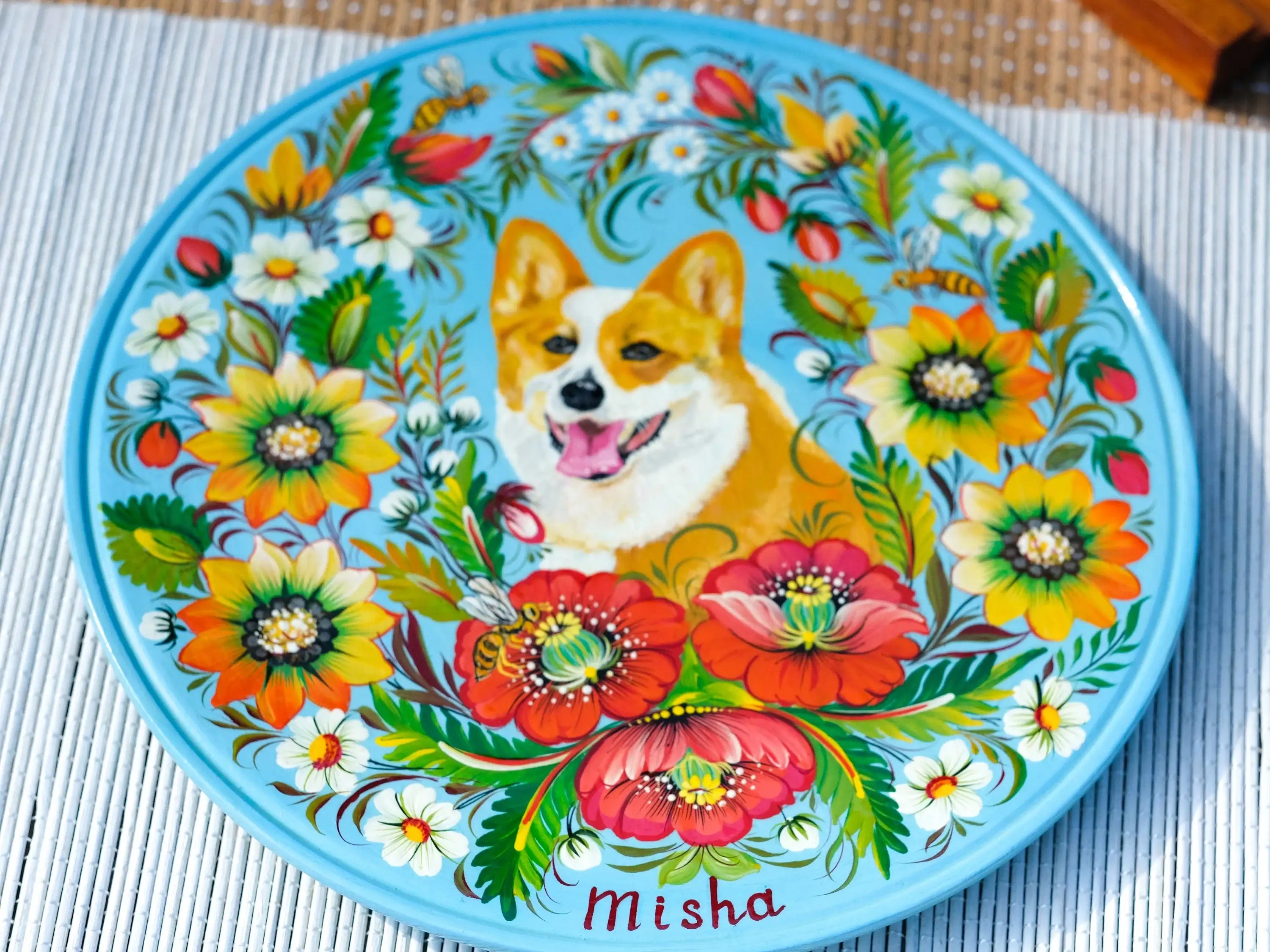 Custom Pet Portrait Painting on Wooden Plate - Personalized Pet Loss Memorial Gift, Animal Portrait Decorated with Petrykivka Art