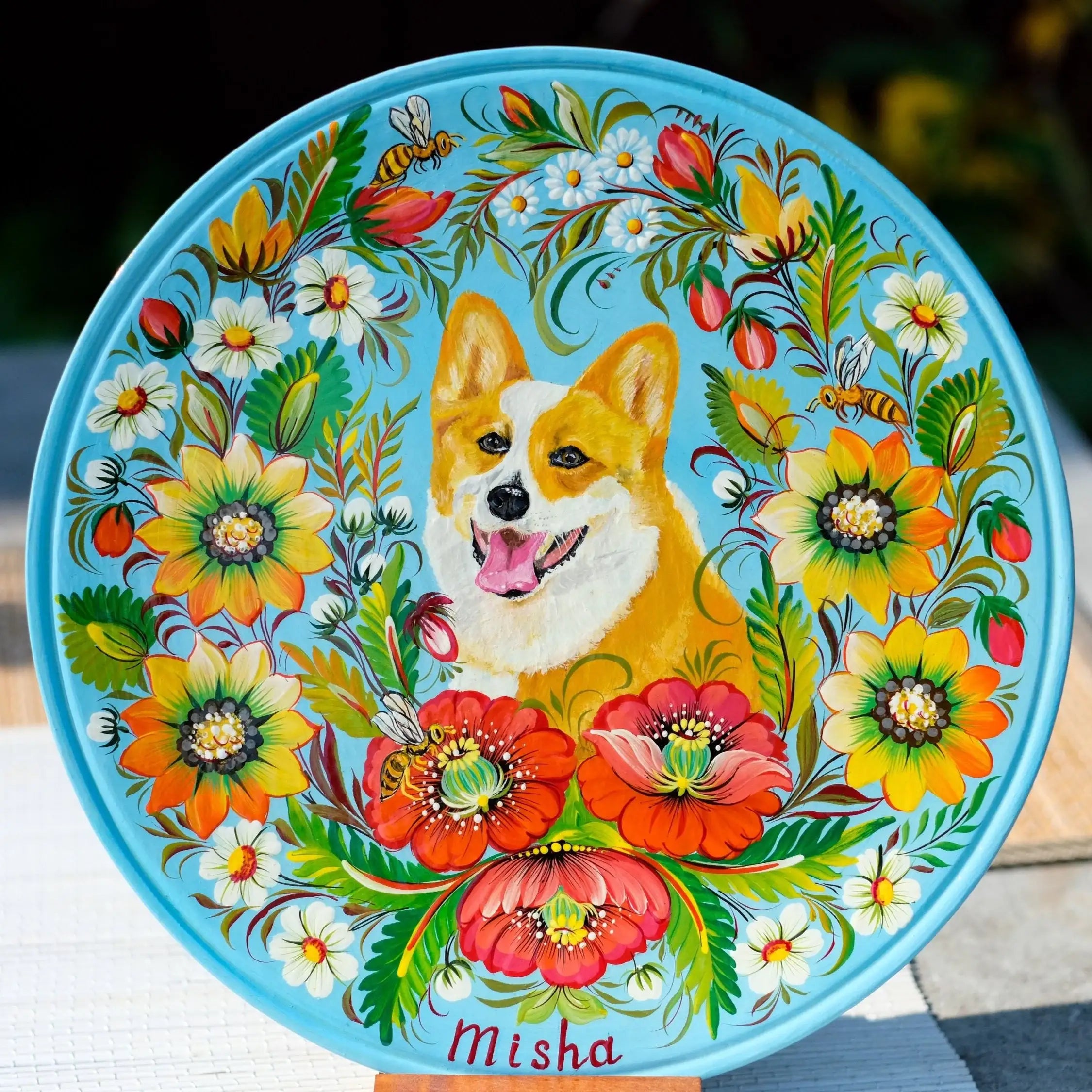 Custom Pet Portrait Painting on Wooden Plate - Personalized Pet Loss Memorial Gift, Animal Portrait Decorated with Petrykivka Art