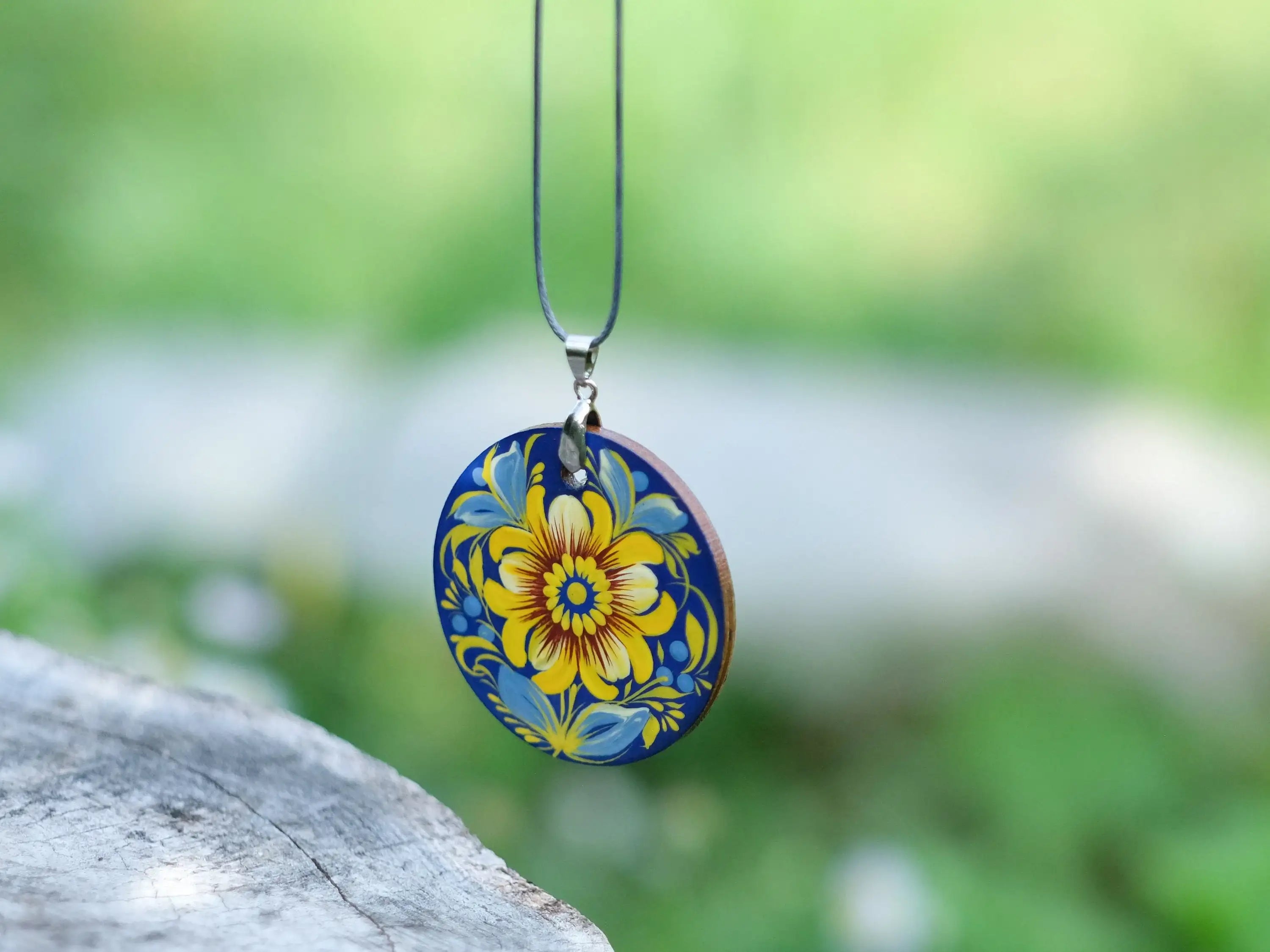 Lightweight Painted Wooden Pendant Necklace - Blue and Yellow Ukrainian Artisanal Large Circle Statement Necklace