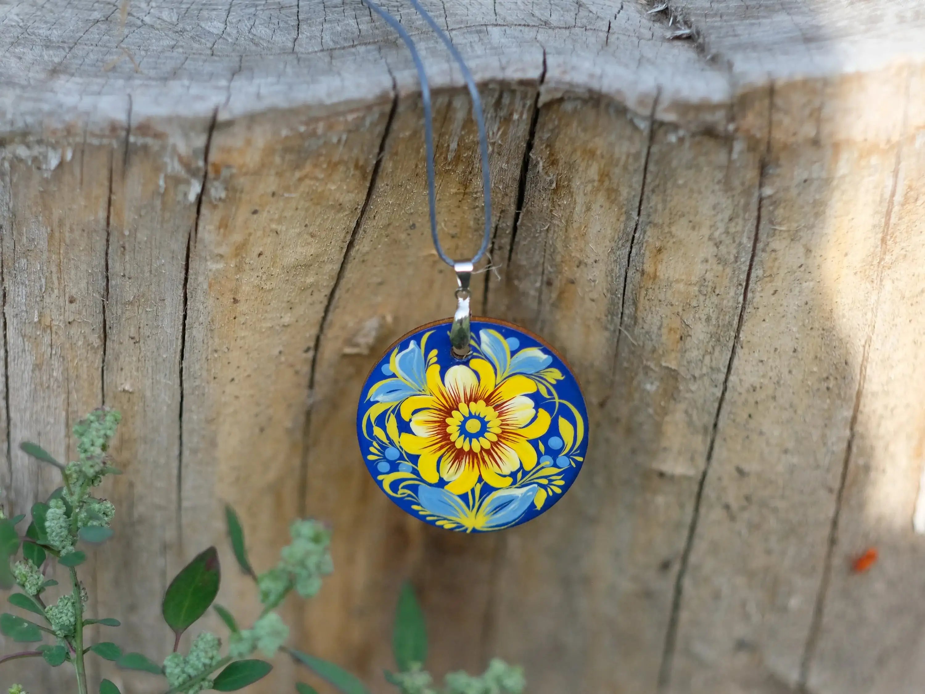 Lightweight Painted Wooden Pendant Necklace - Blue and Yellow Ukrainian Artisanal Large Circle Statement Necklace
