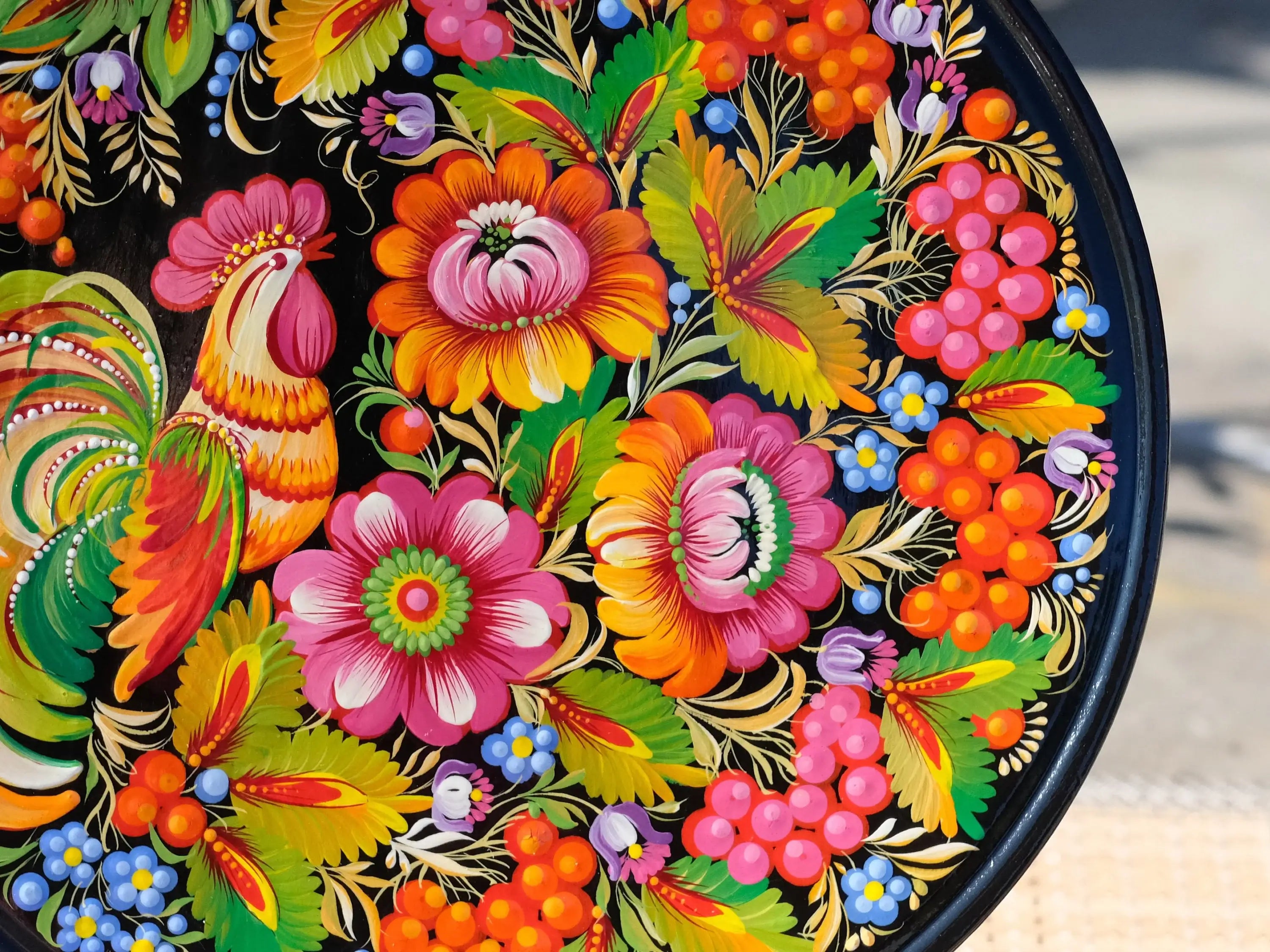 Decorative Rooster wooden plate, Hand-painted Ukrainian wall plate, Large bird plate painted with Petrykivka painting, Ukraine folk plate