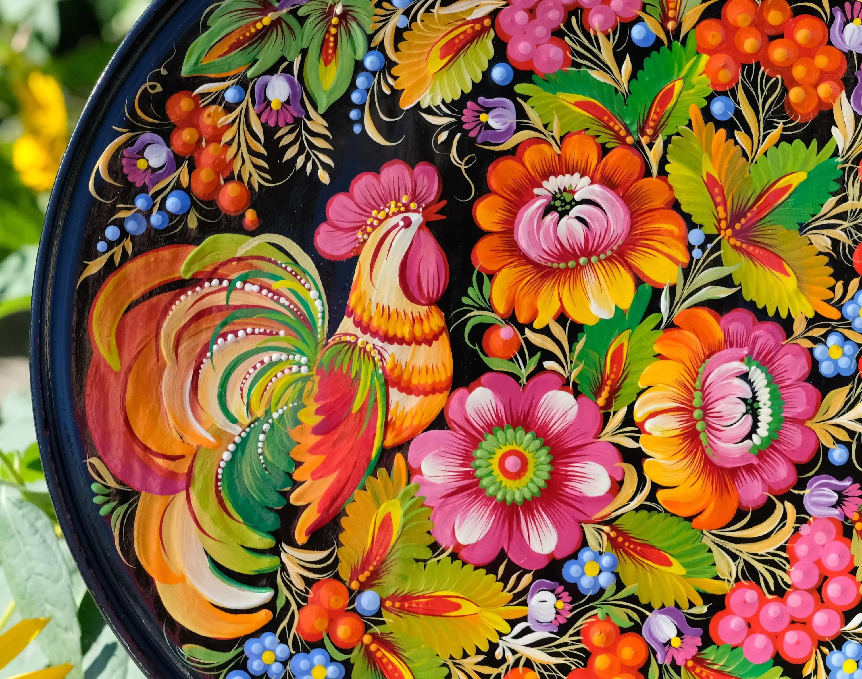 Decorative Rooster wooden plate, Hand-painted Ukrainian wall plate, Large bird plate painted with Petrykivka painting, Ukraine folk plate