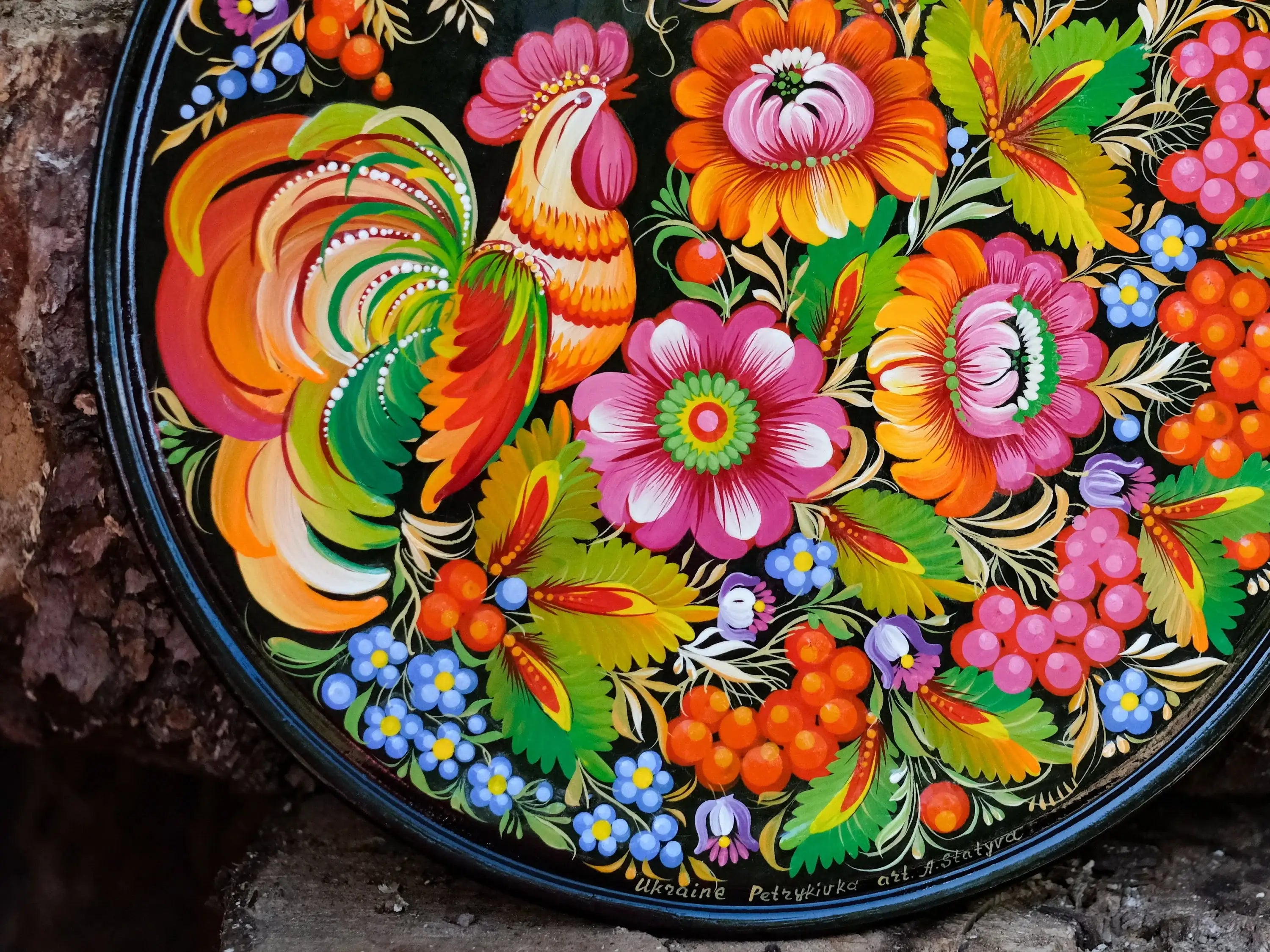Decorative Rooster wooden plate, Hand-painted Ukrainian wall plate, Large bird plate painted with Petrykivka painting, Ukraine folk plate