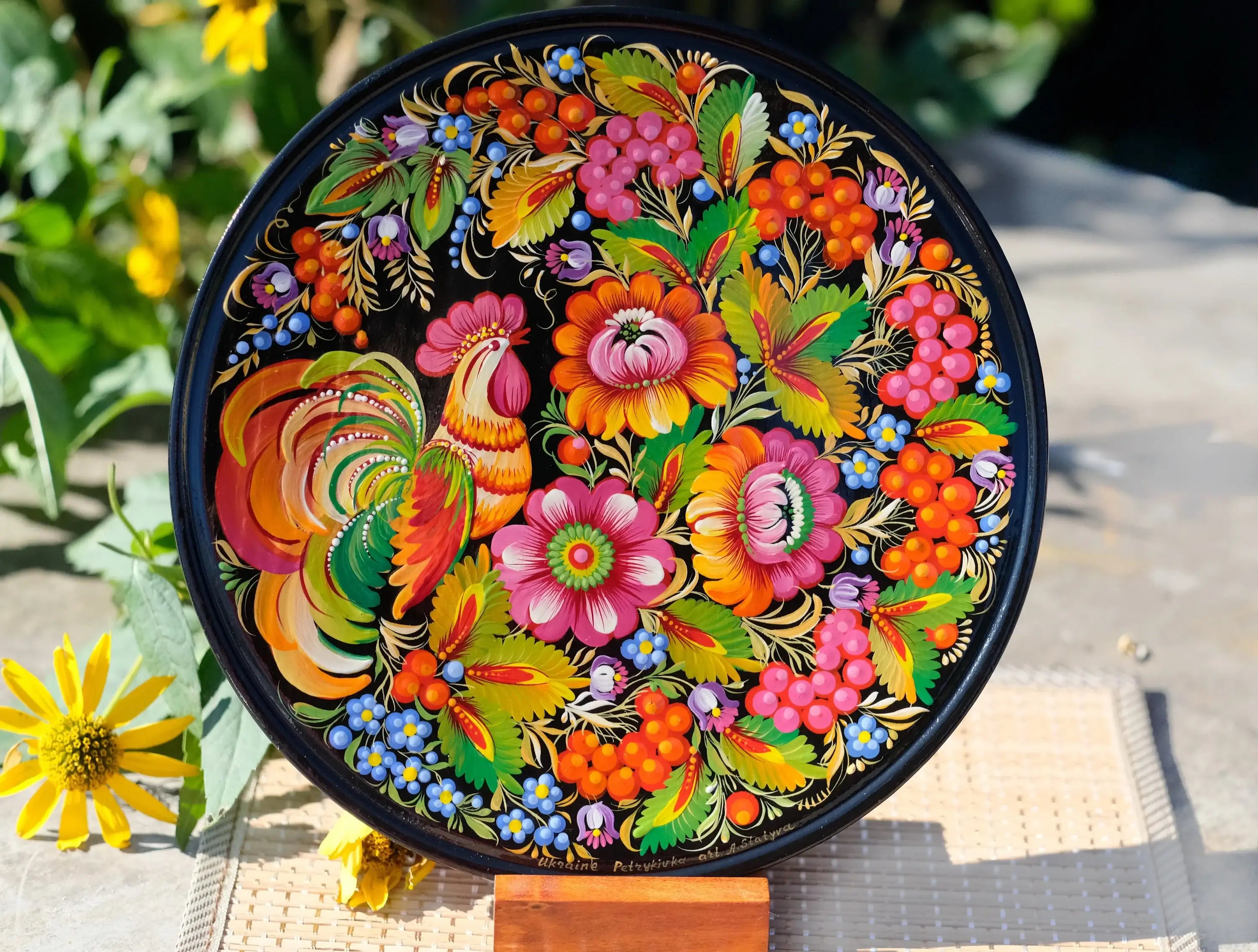Decorative Rooster wooden plate, Hand-painted Ukrainian wall plate, Large bird plate painted with Petrykivka painting, Ukraine folk plate