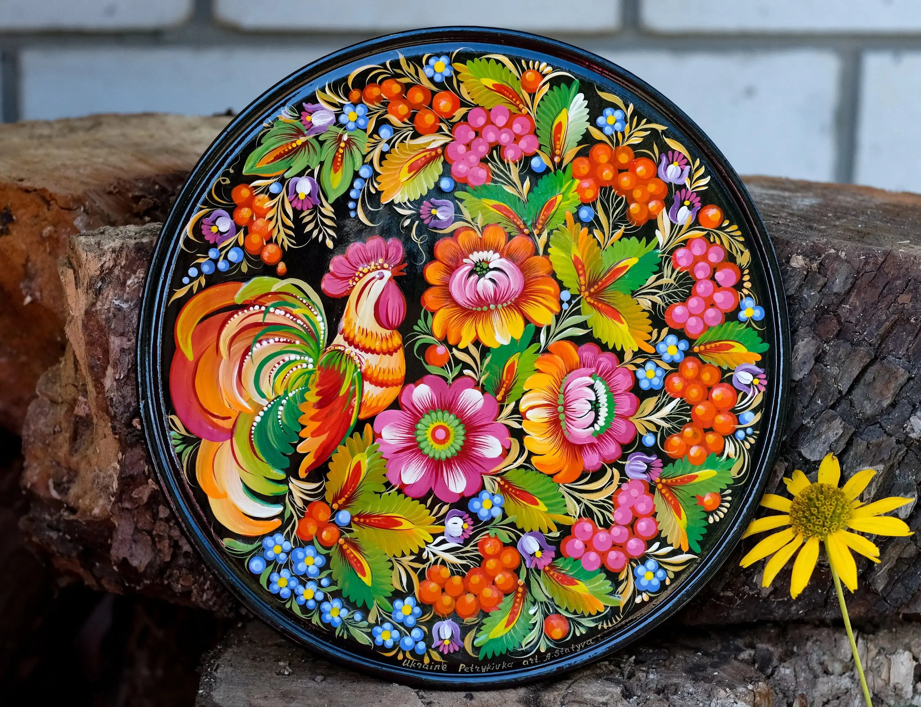 Decorative Rooster wooden plate, Hand-painted Ukrainian wall plate, Large bird plate painted with Petrykivka painting, Ukraine folk plate