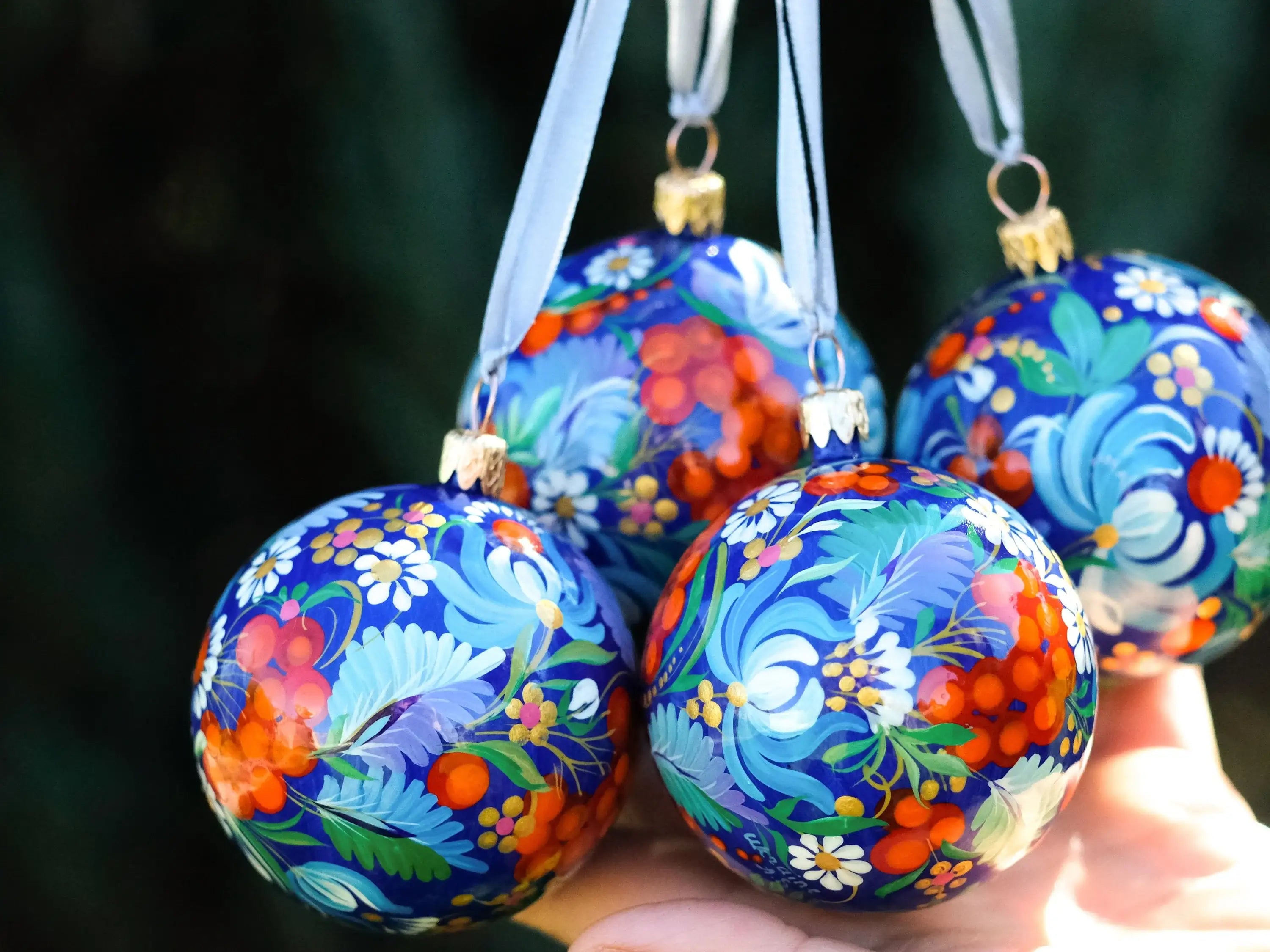 Hand-painted Set of 4 Red & Blue Flower Christmas Ball Ornaments 2.4 in - Petrykivka Folk Art, Gift-wrapped