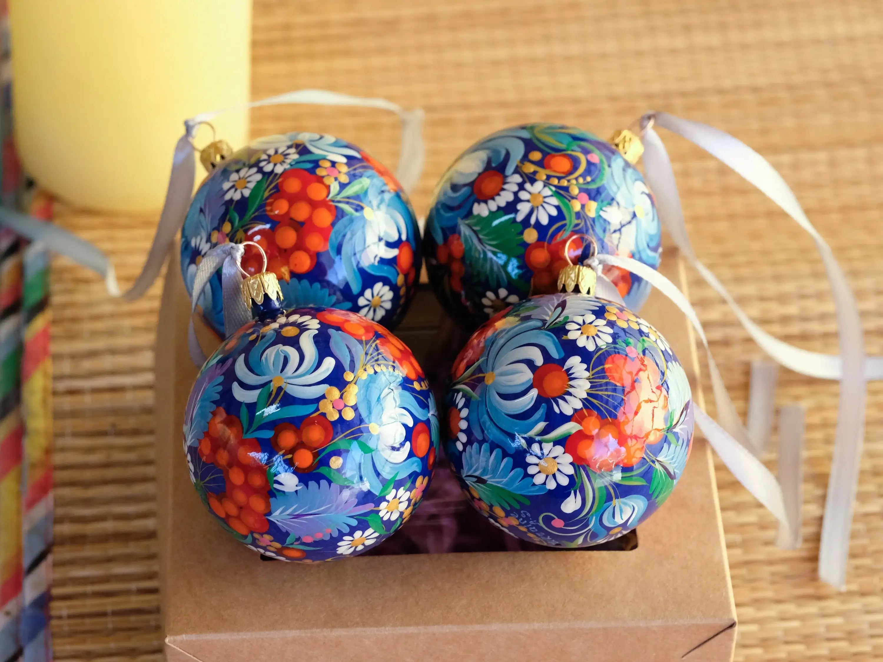 Hand-painted Set of 4 Red & Blue Flower Christmas Ball Ornaments 2.4 in - Petrykivka Folk Art, Gift-wrapped
