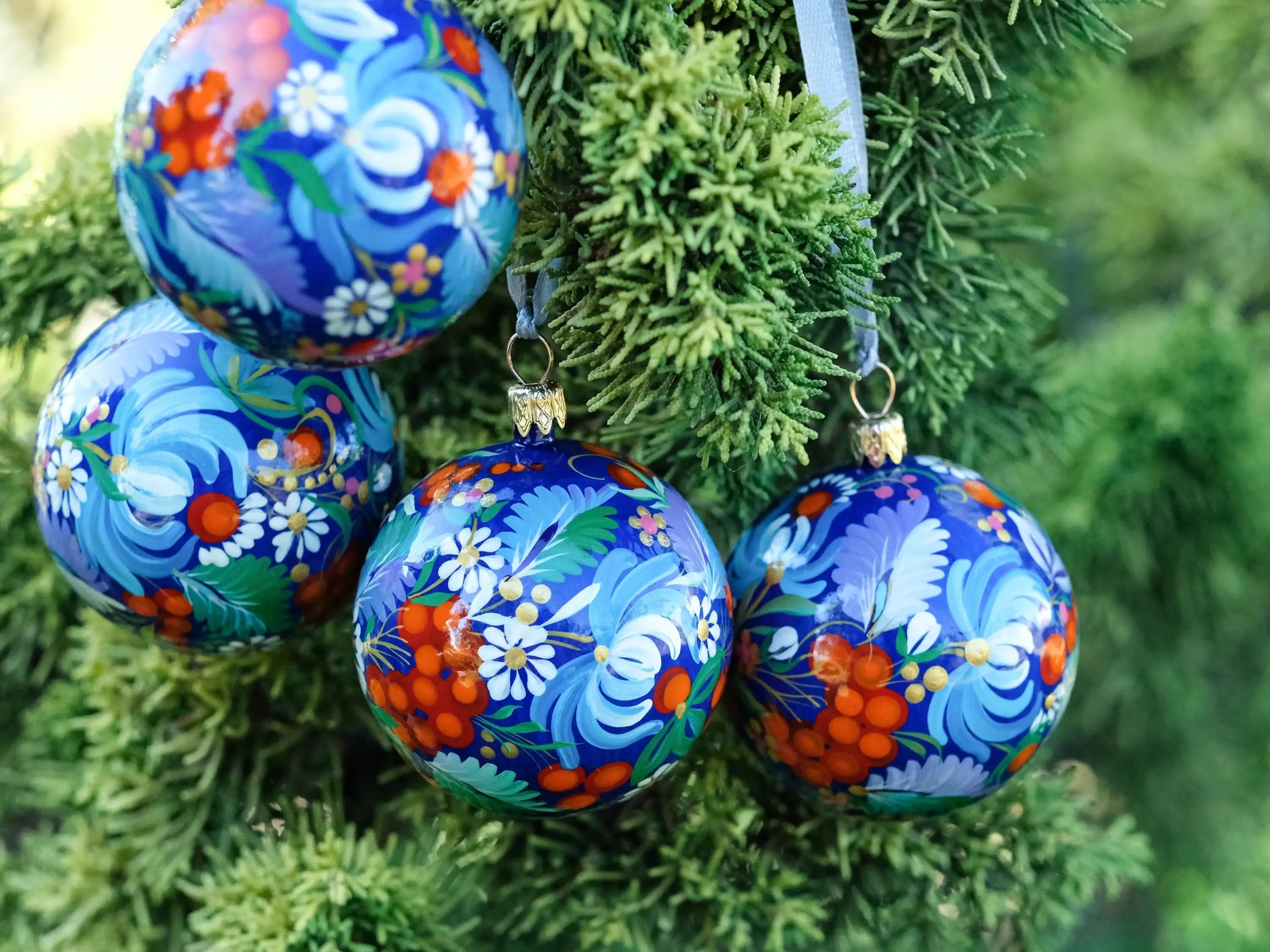 Hand-painted Set of 4 Red & Blue Flower Christmas Ball Ornaments 2.4 in - Petrykivka Folk Art, Gift-wrapped