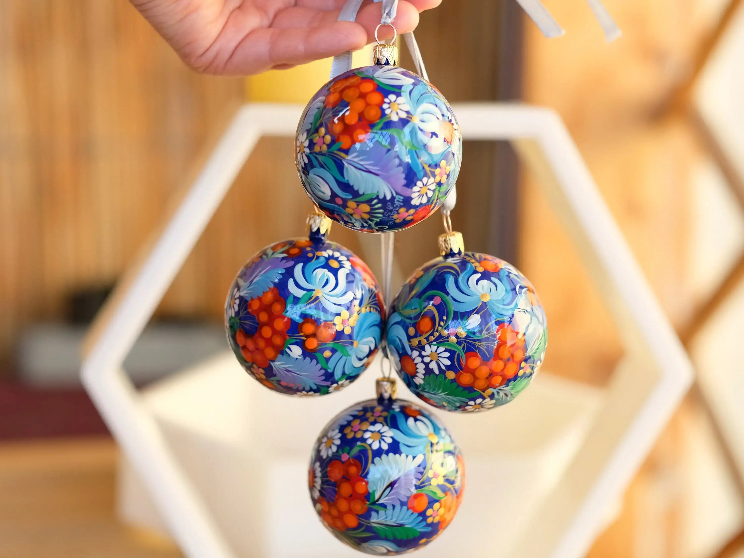 Hand-painted Set of 4 Red & Blue Flower Christmas Ball Ornaments 2.4 in - Petrykivka Folk Art, Gift-wrapped