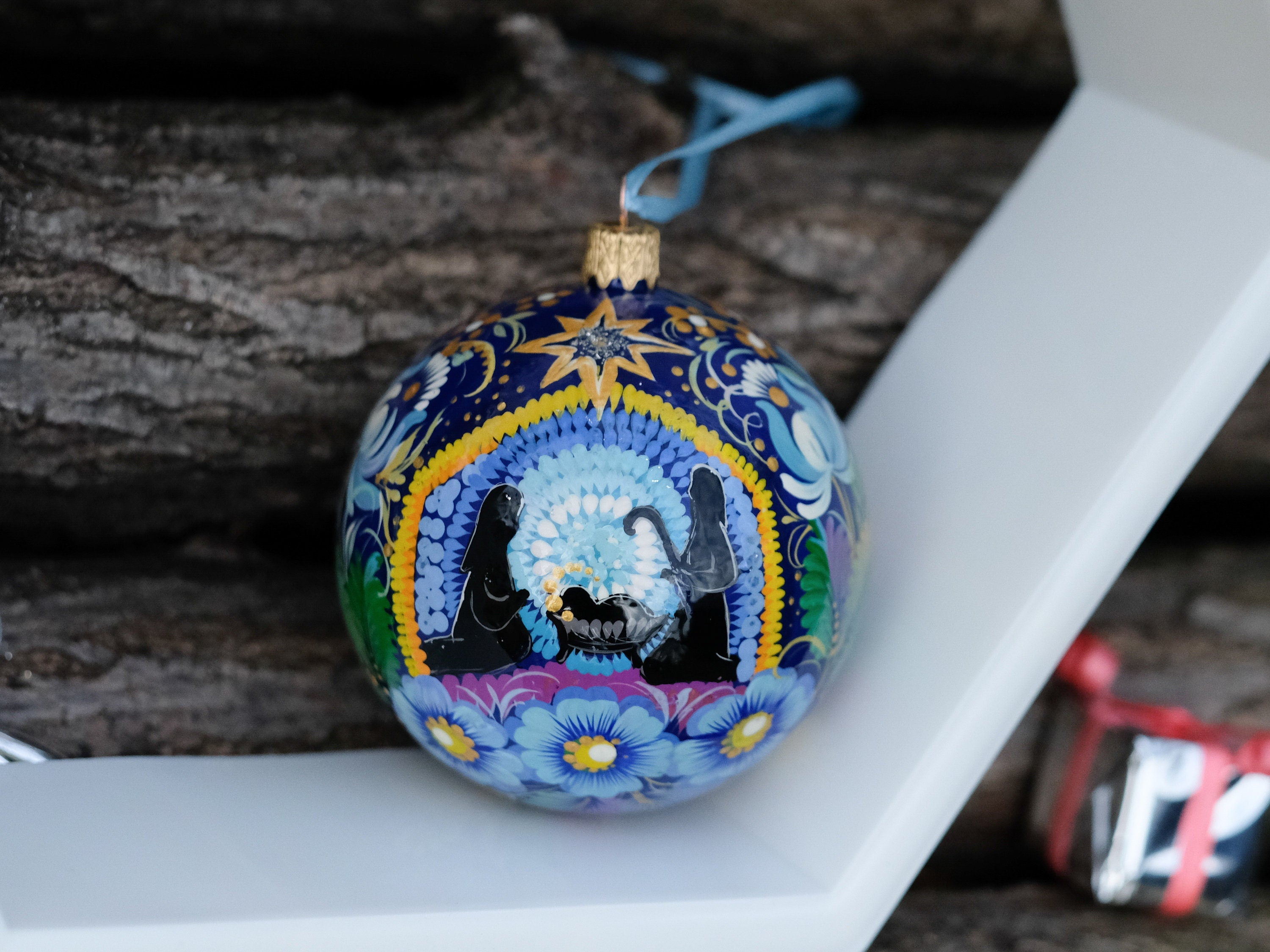 Hand-painted Nativity Scene Christmas Ornament Ball - Artisanal Blue Christmas Tree Decoration, Petrykivka Art