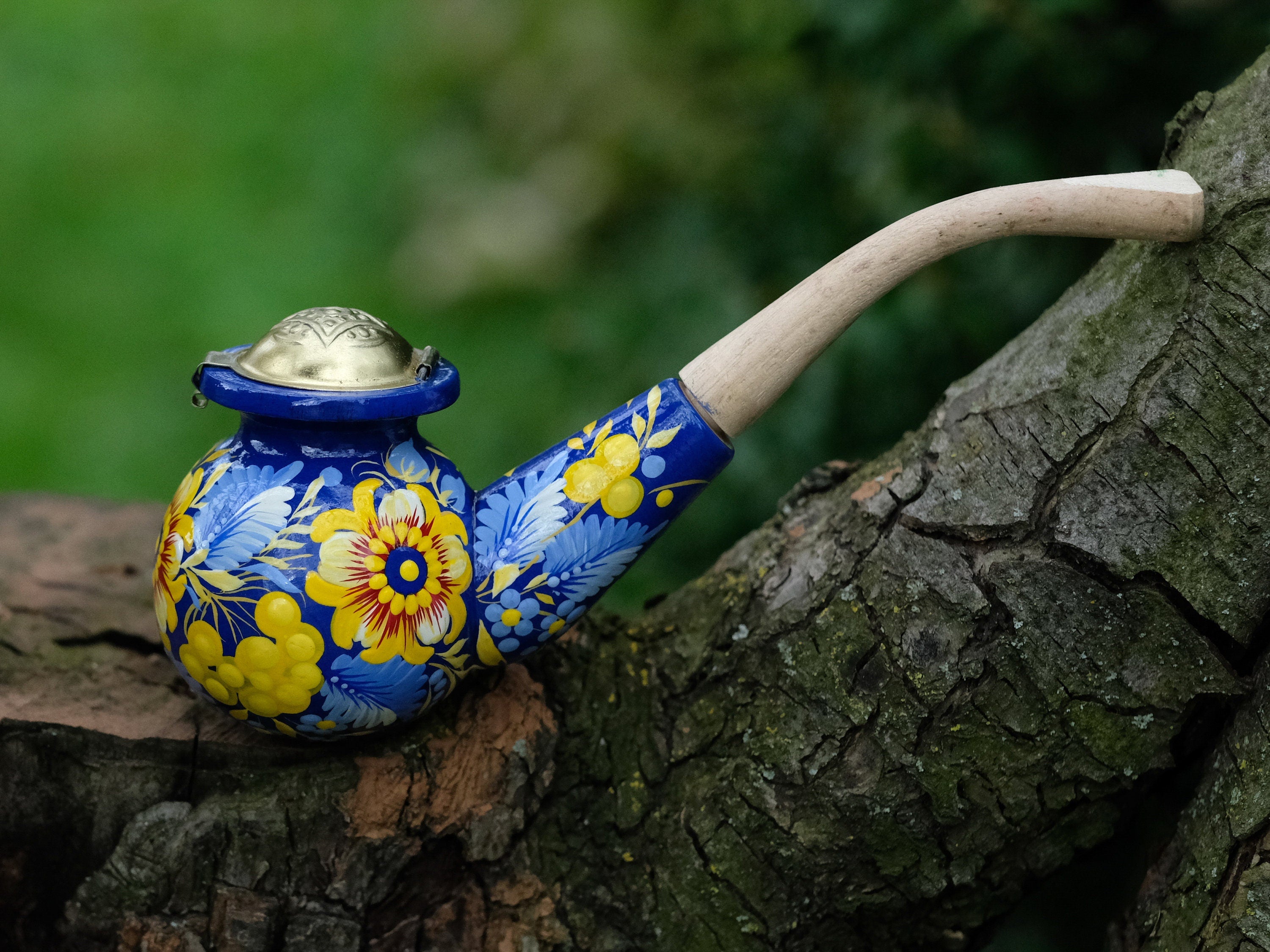 Painted Wooden Smoking Pipe with Lid - Blue & Yellow Ukrainian Folk Art Petrykivka Tobacco Pipe
