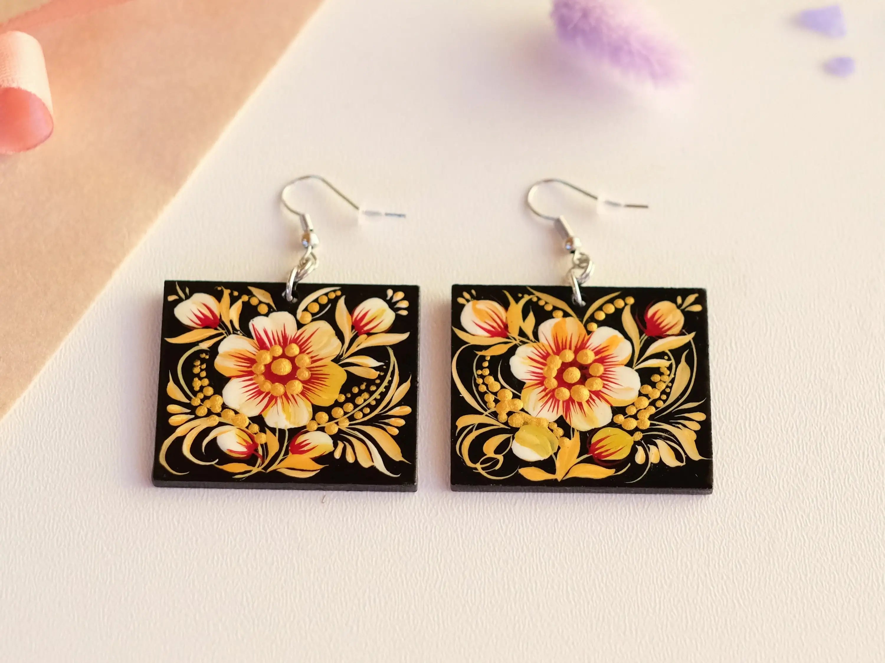 Handmade Hypoallergenic Wooden Earrings - Dangle Drop Beige Flower Artisanal Statement Earrings, Square