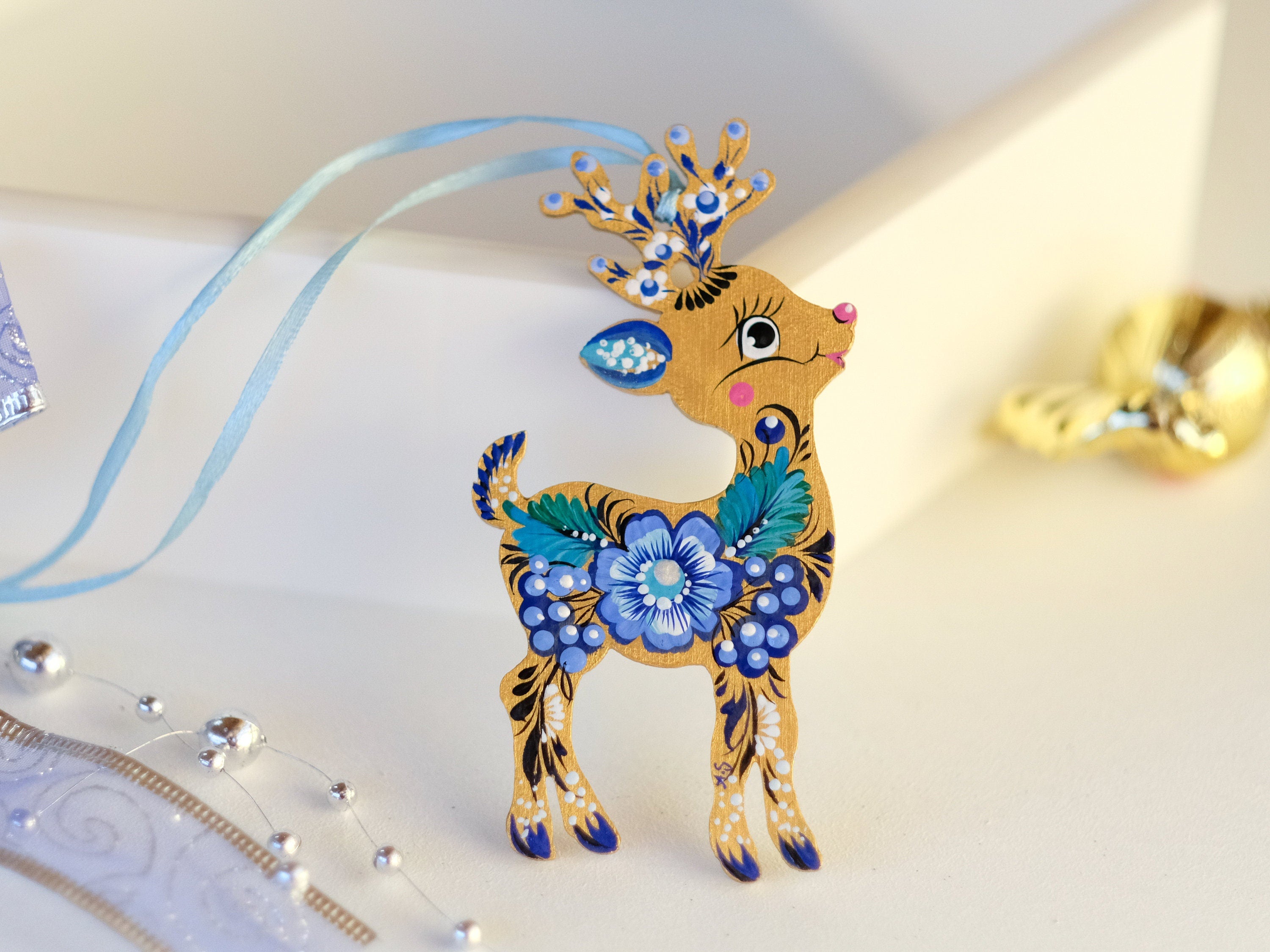 Hand-painted Wooden Deer Christmas Ornament