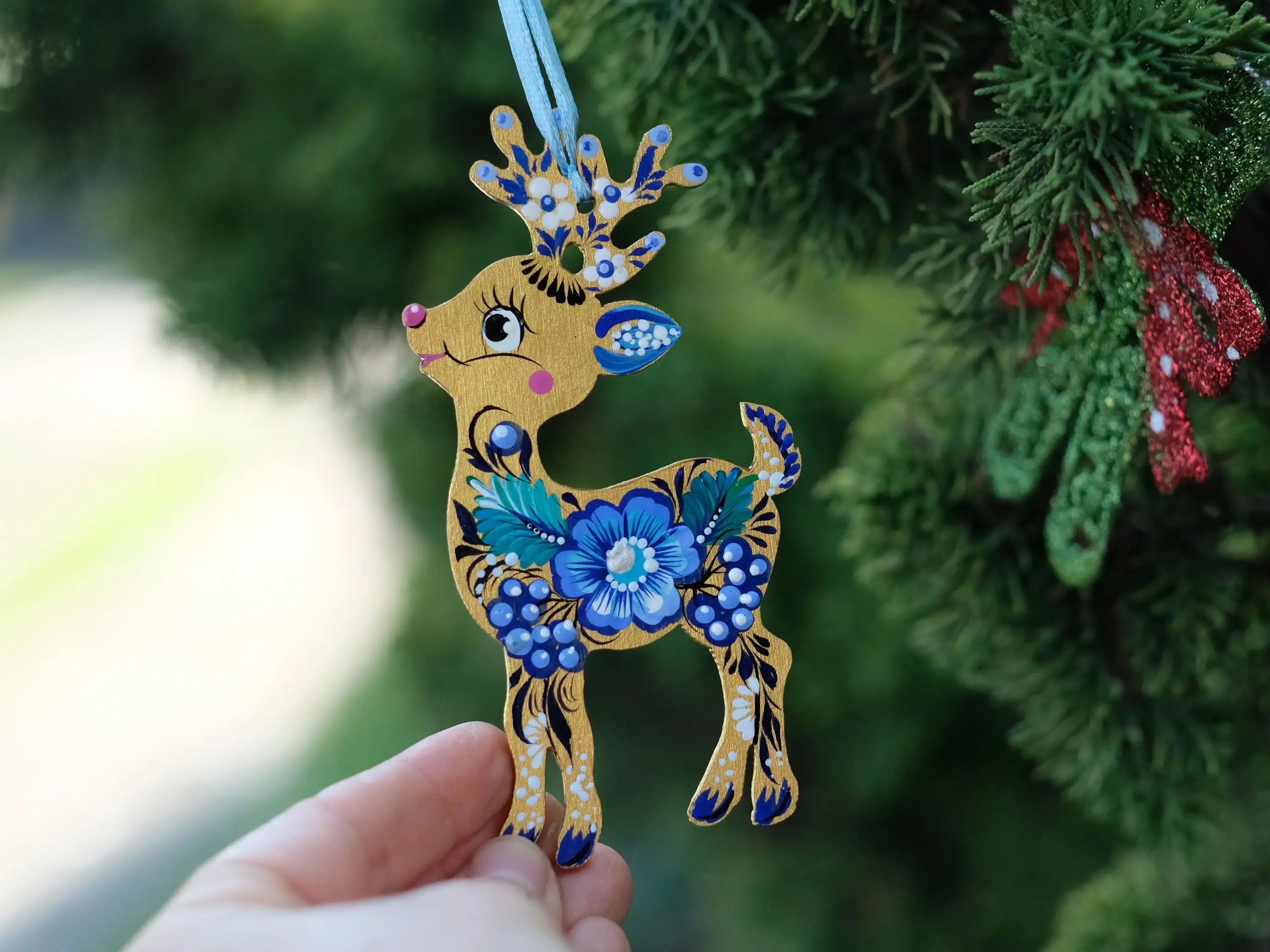 Hand-painted Wooden Deer Christmas Ornament