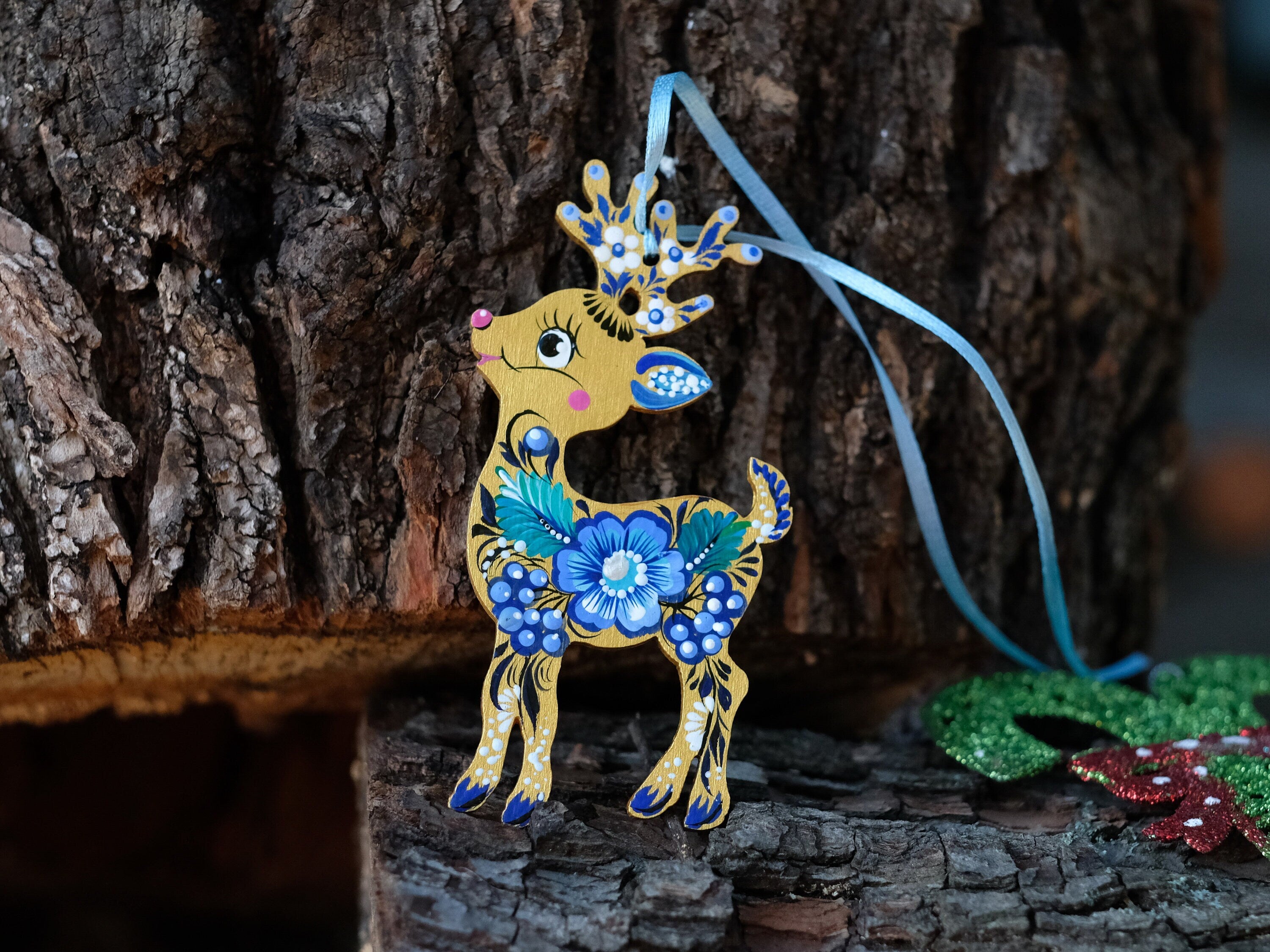 Hand-painted Wooden Deer Christmas Ornament