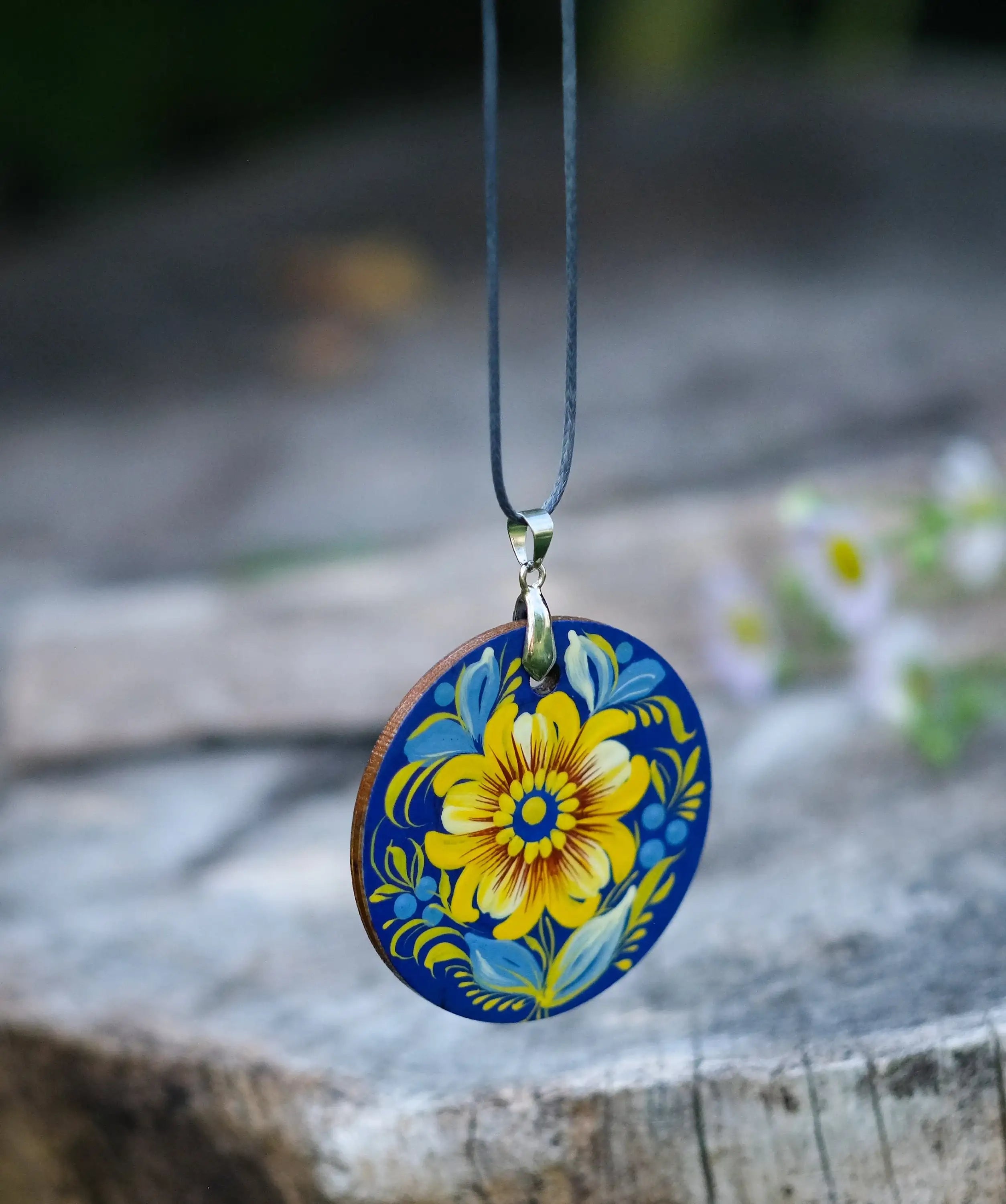 Lightweight Painted Wooden Pendant Necklace - Blue and Yellow Ukrainian Artisanal Large Circle Statement Necklace
