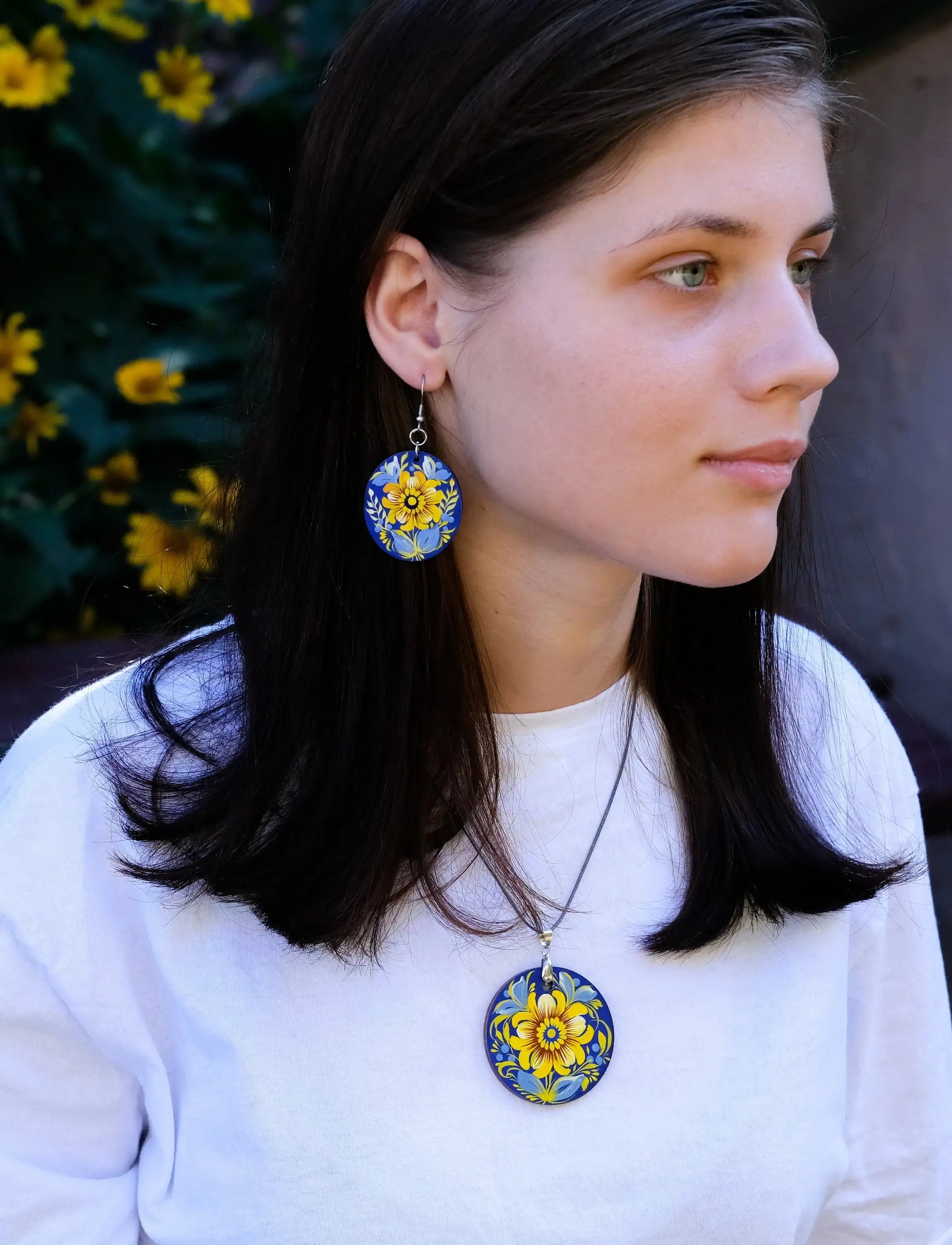 Lightweight Painted Wooden Pendant Necklace - Blue and Yellow Ukrainian Artisanal Large Circle Statement Necklace