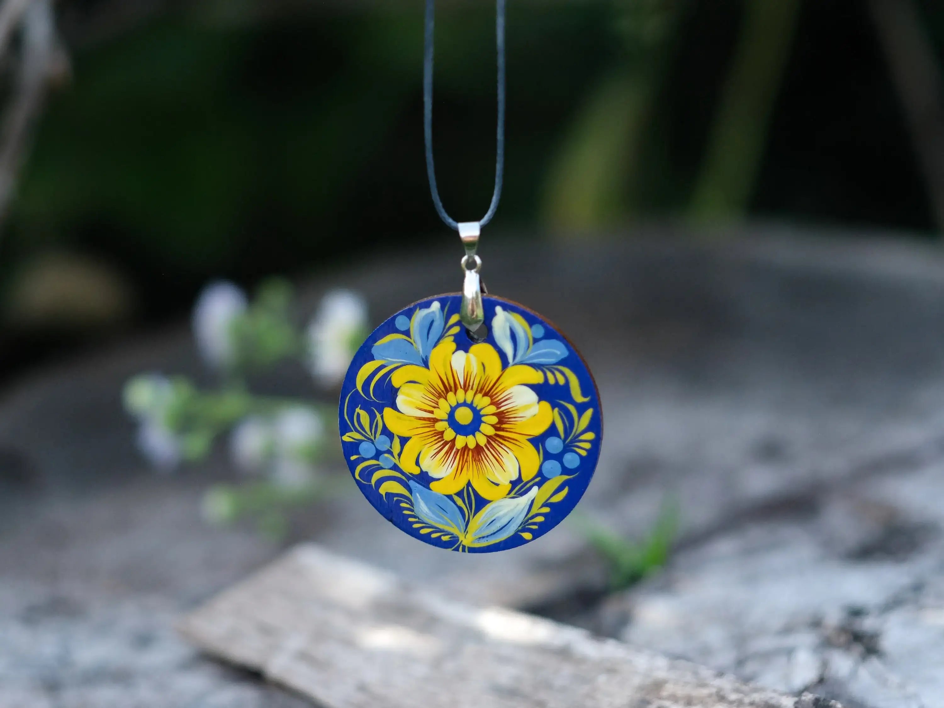 Lightweight Painted Wooden Pendant Necklace - Blue and Yellow Ukrainian Artisanal Large Circle Statement Necklace