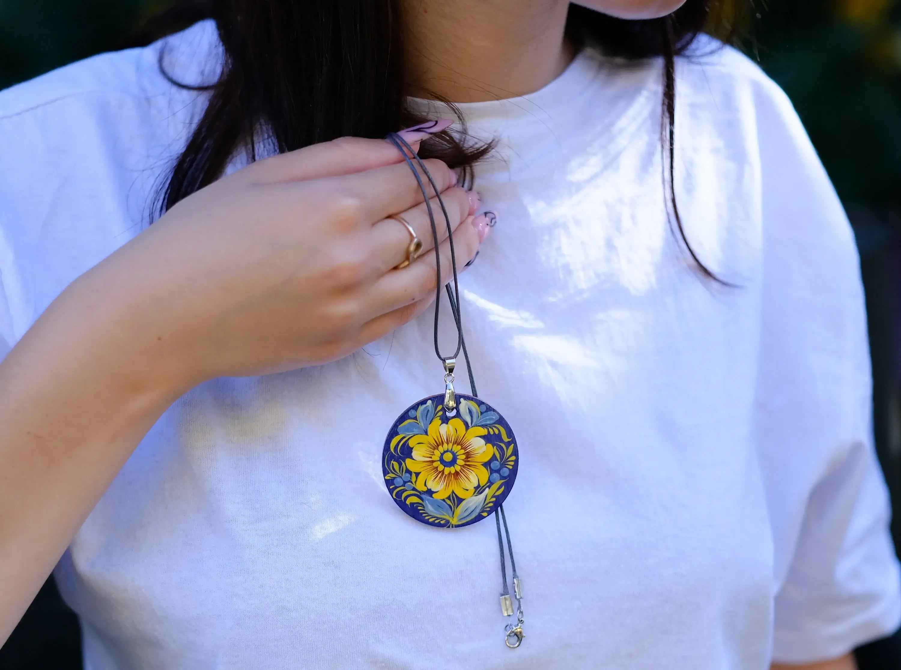 Lightweight Painted Wooden Pendant Necklace - Blue and Yellow Ukrainian Artisanal Large Circle Statement Necklace
