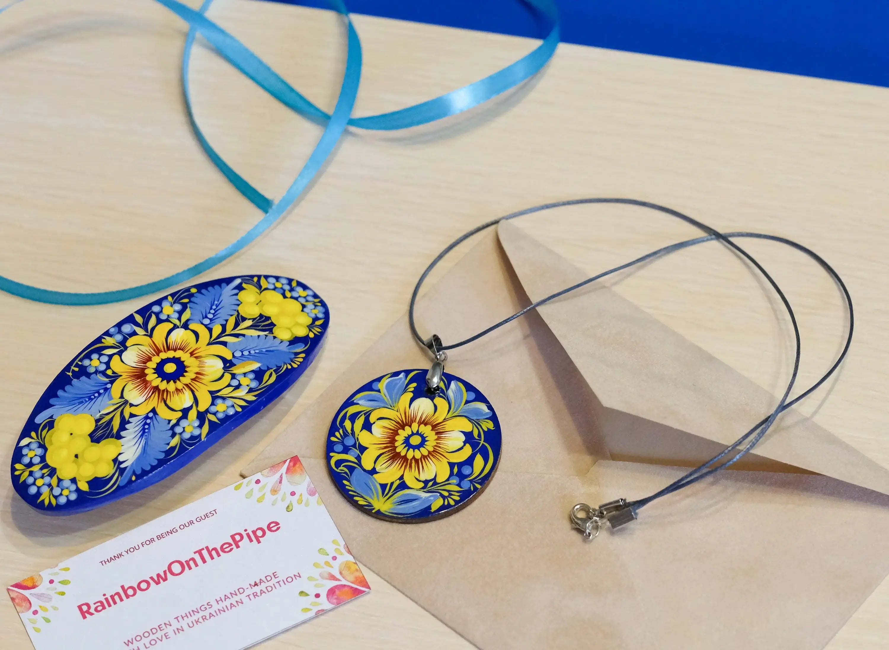 Lightweight Painted Wooden Pendant Necklace - Blue and Yellow Ukrainian Artisanal Large Circle Statement Necklace