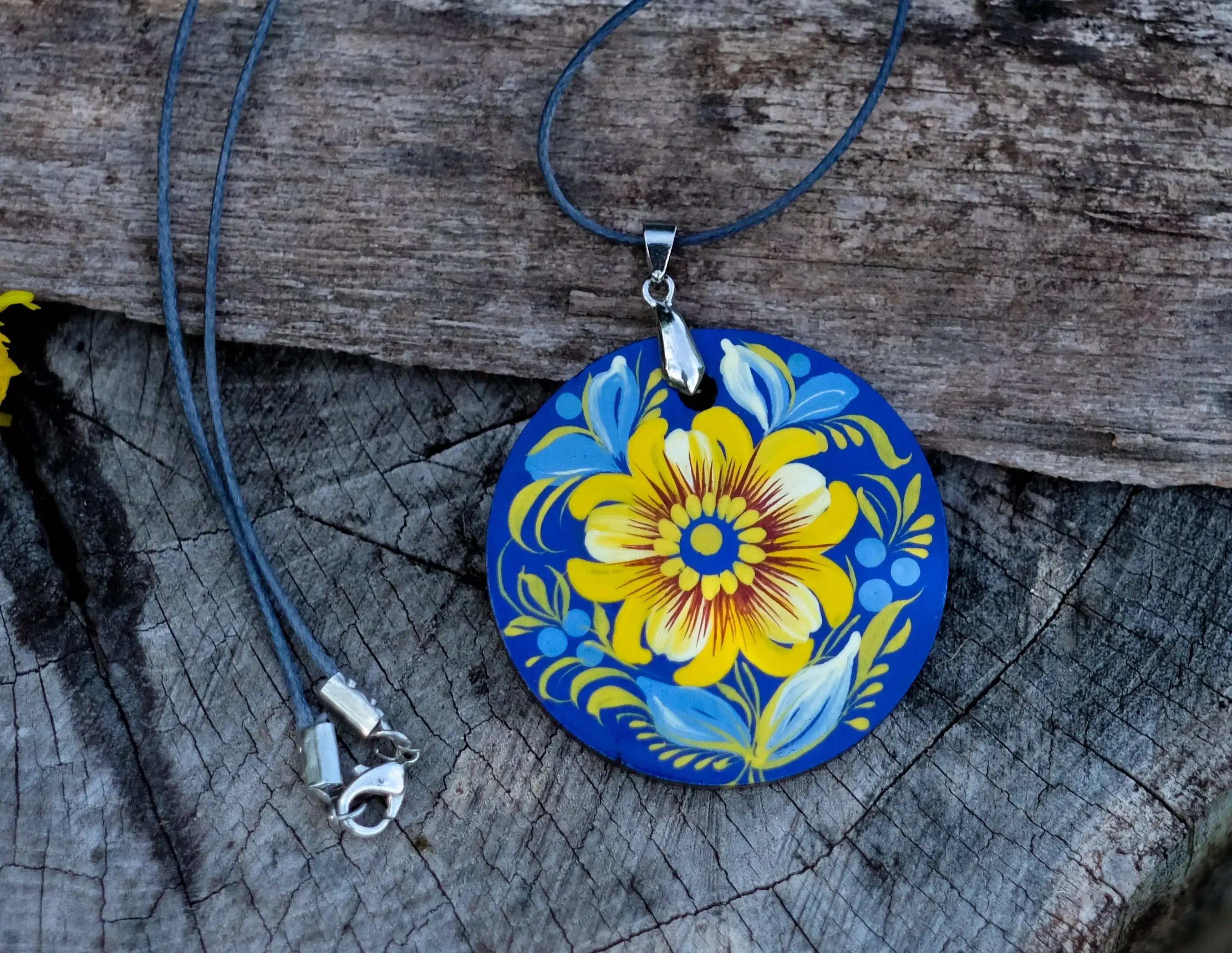 Lightweight Painted Wooden Pendant Necklace - Blue and Yellow Ukrainian Artisanal Large Circle Statement Necklace
