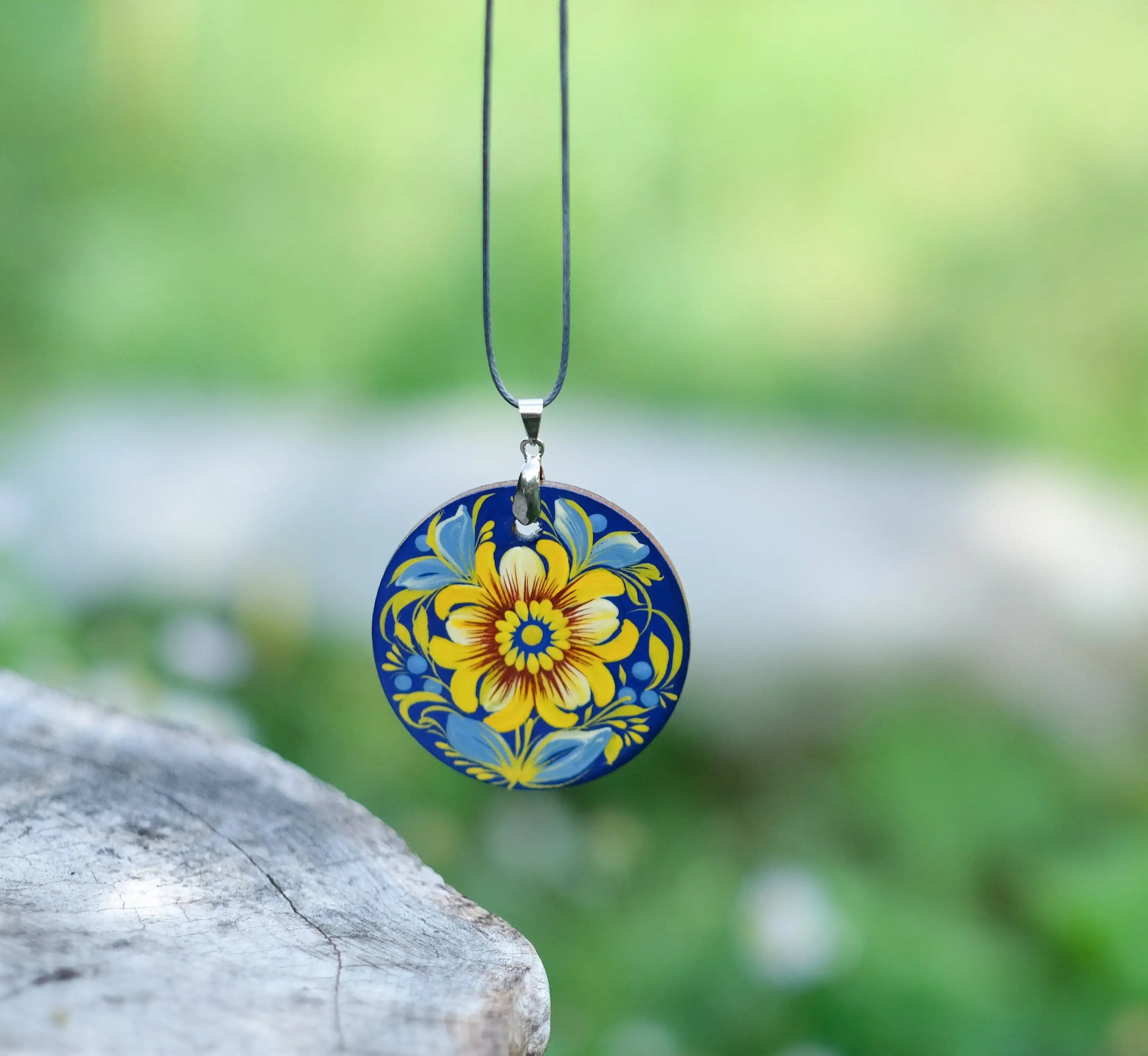 Lightweight Painted Wooden Pendant Necklace - Blue and Yellow Ukrainian Artisanal Large Circle Statement Necklace