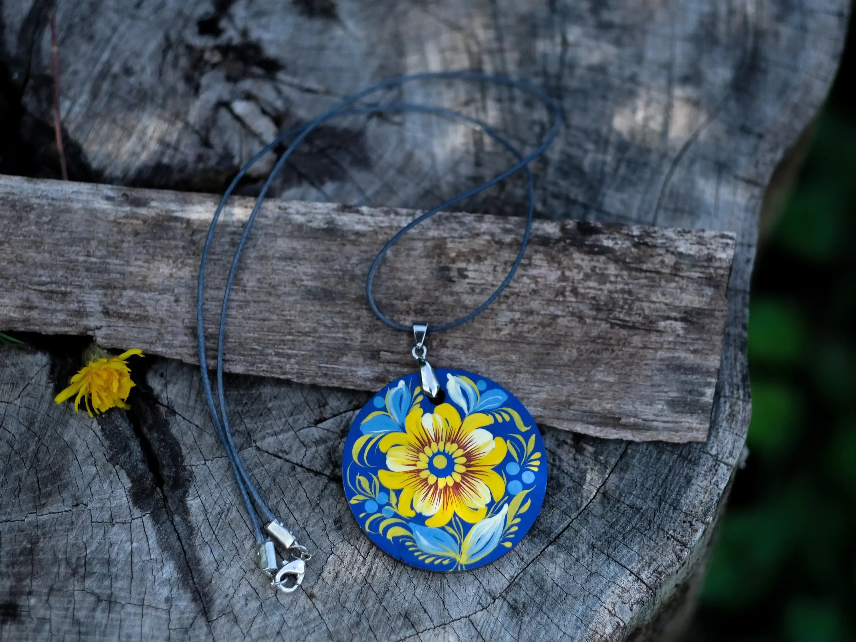 Lightweight Painted Wooden Pendant Necklace - Blue and Yellow Ukrainian Artisanal Large Circle Statement Necklace