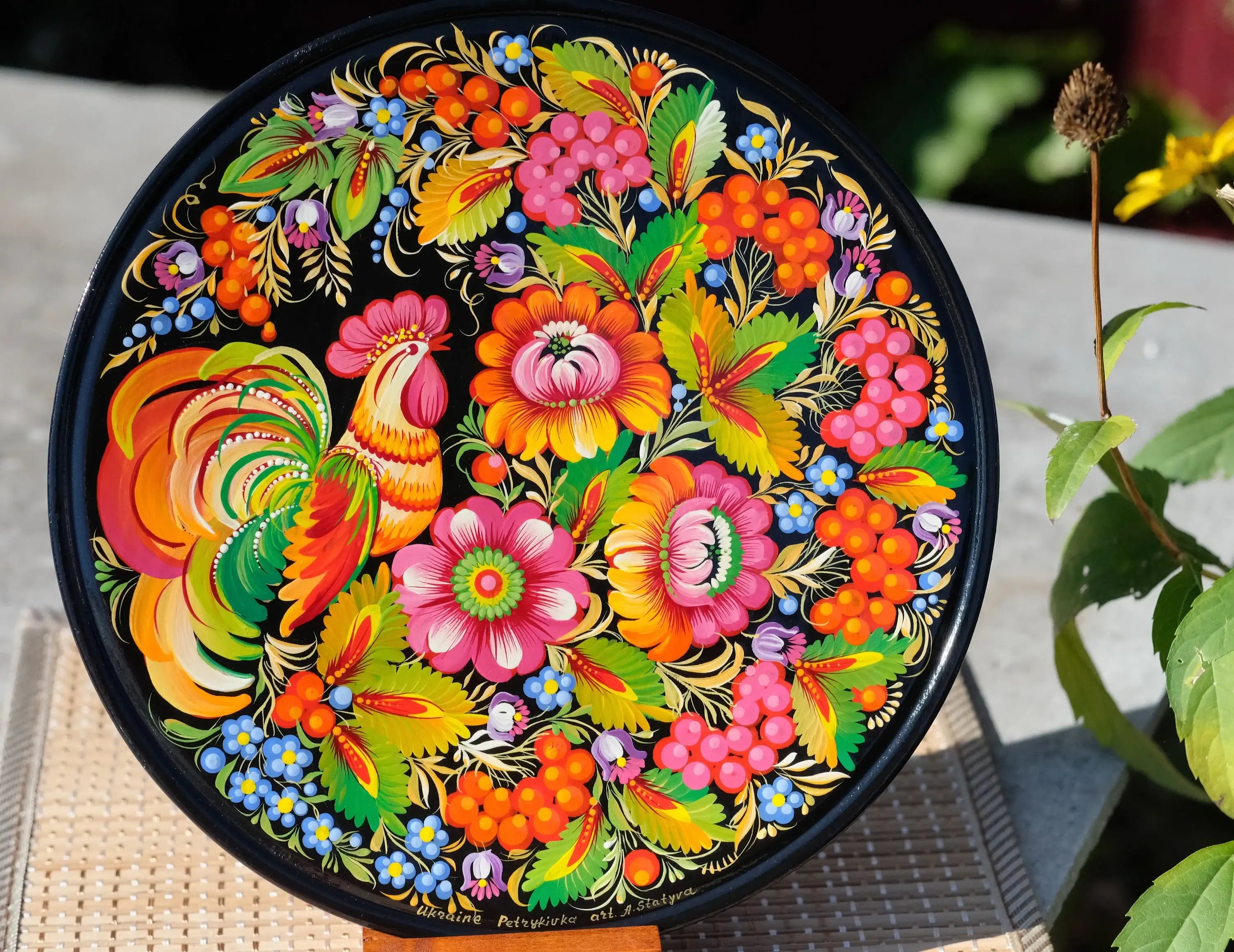 Decorative Rooster wooden plate, Hand-painted Ukrainian wall plate, Large bird plate painted with Petrykivka painting, Ukraine folk plate