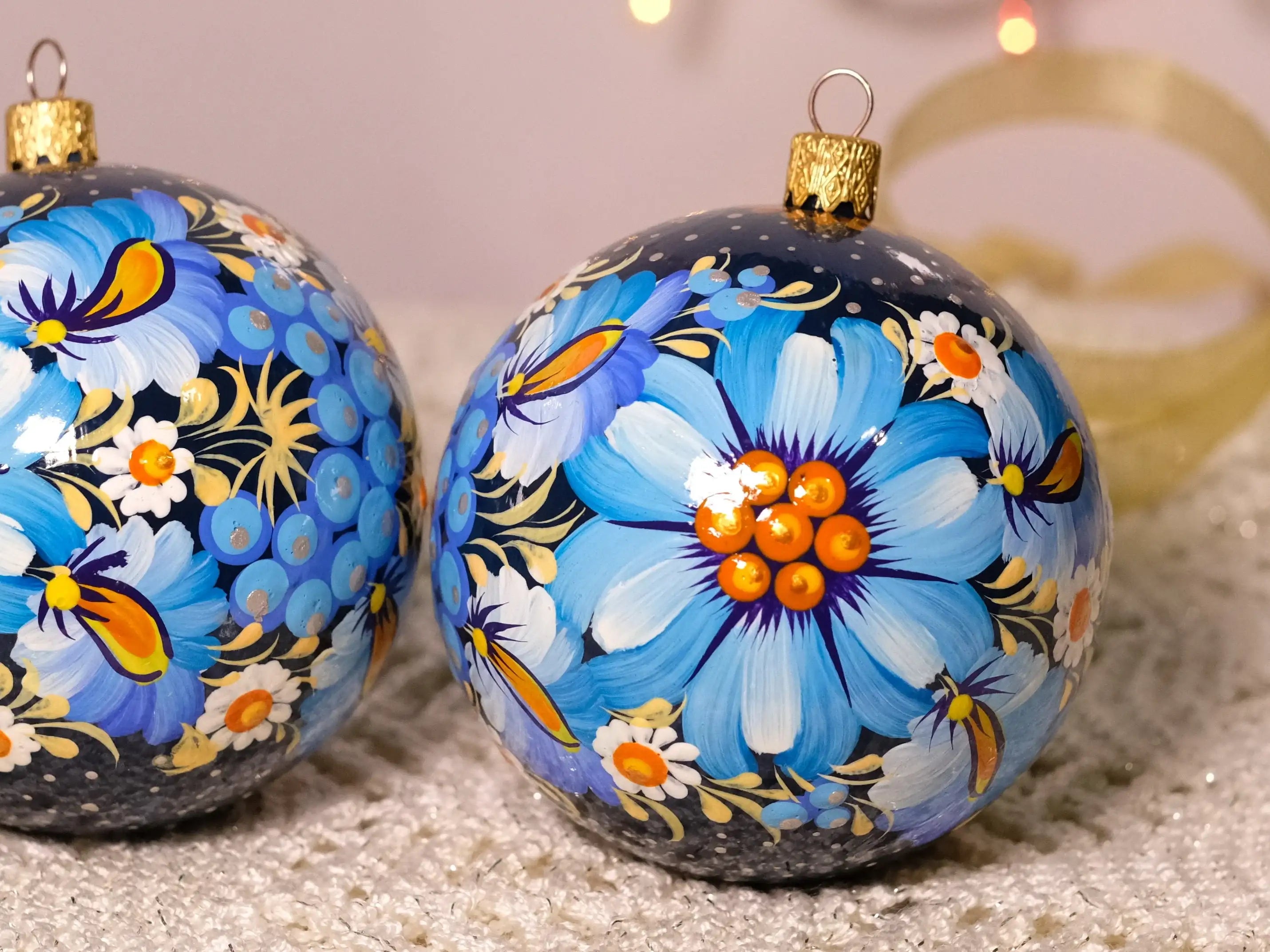 Hand-painted Blue Flower Christmas Ornament Ball 3.14 in