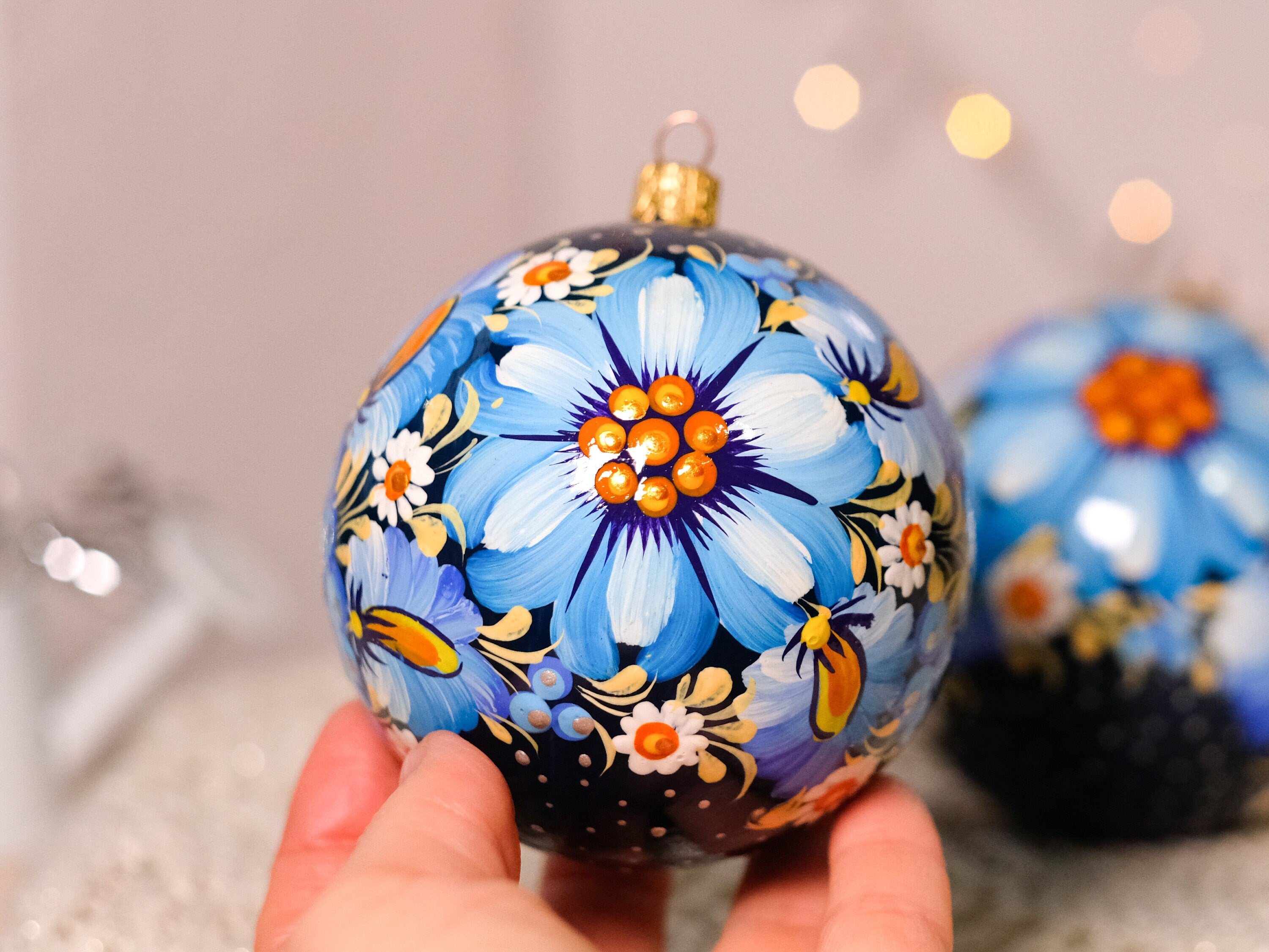 Hand-painted Blue Flower Christmas Ornament Ball 3.14 in