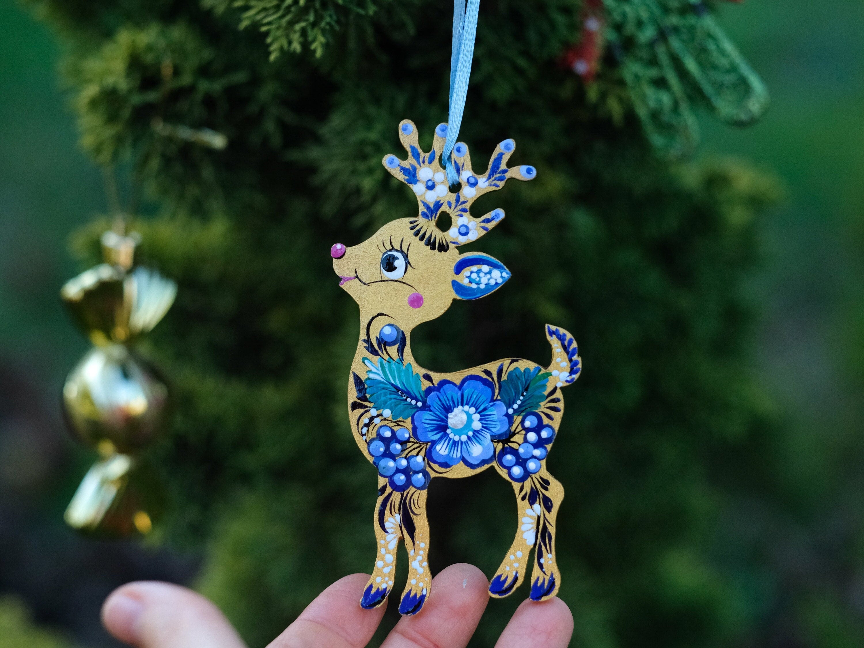 Hand-painted Wooden Deer Christmas Ornament