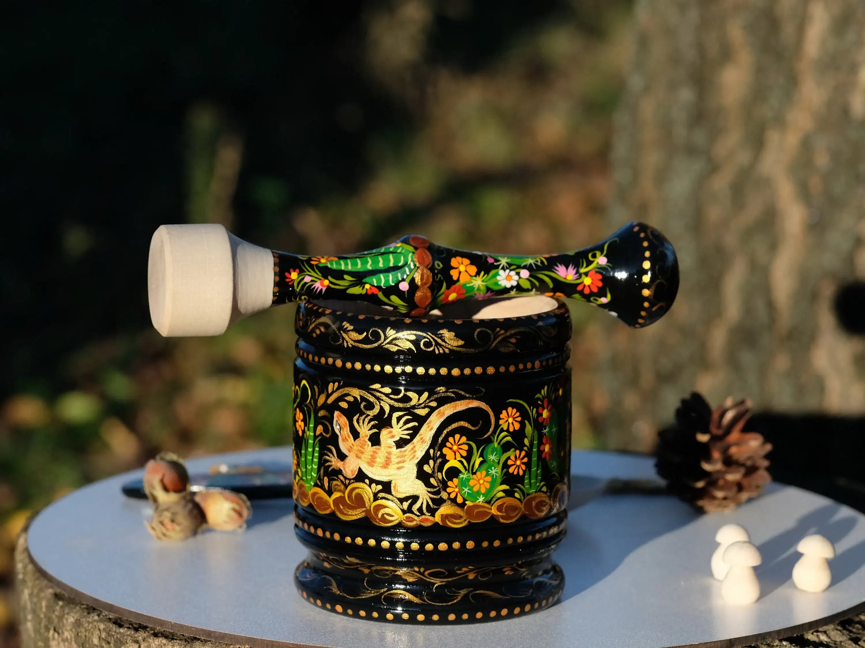 Wooden Mortar and Pestle Set - Hand-painted Salamander and Cactus Blossom Grinding Bowl, Golden and Black