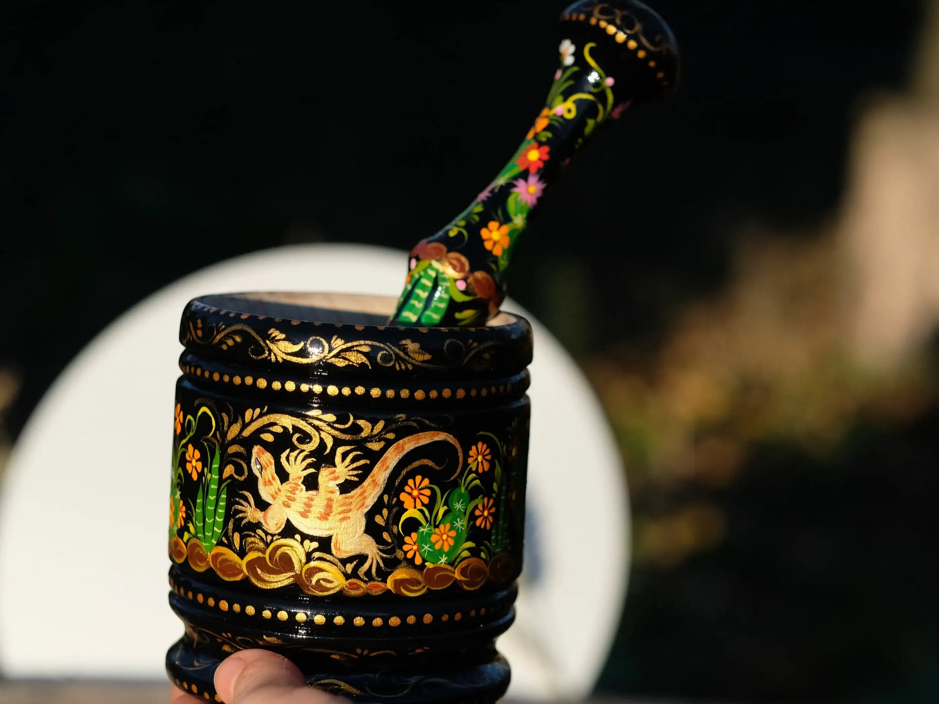 Wooden Mortar and Pestle Set - Hand-painted Salamander and Cactus Blossom Grinding Bowl, Golden and Black