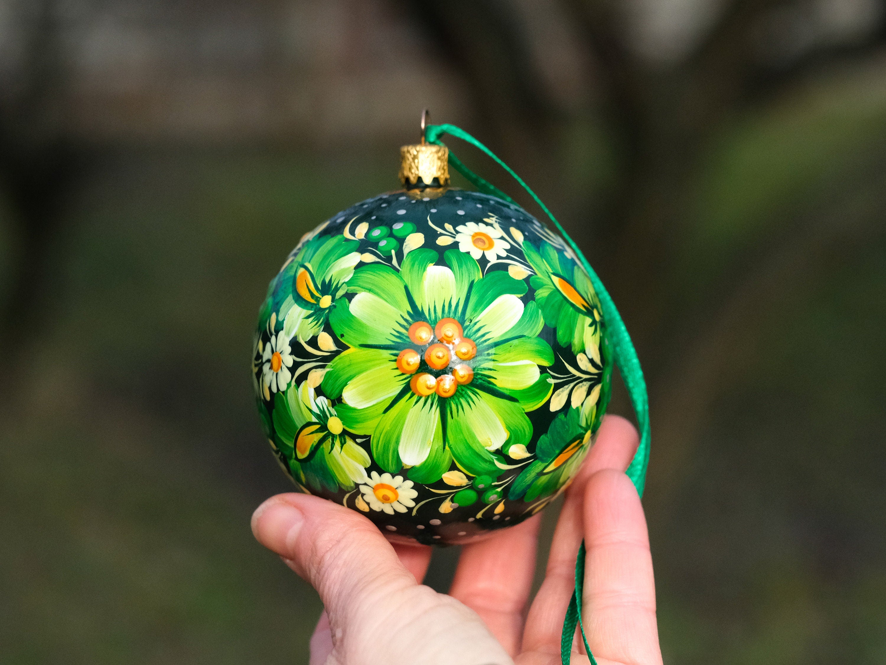 Set of 4 Painted Green Flower Ukrainian Christmas Ball Ornaments 2.4 in, Gift-wrapped