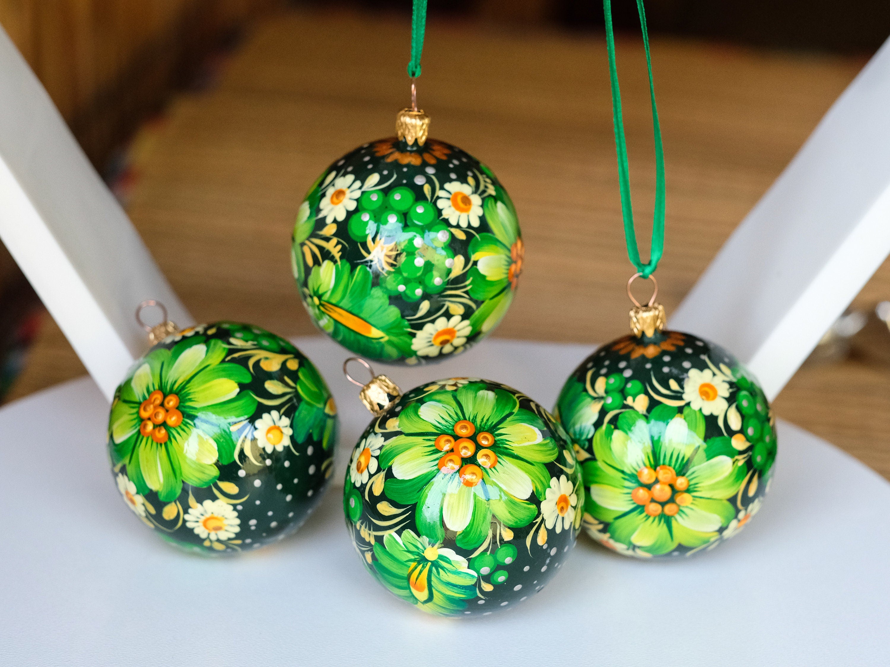Set of 4 Painted Green Flower Ukrainian Christmas Ball Ornaments 2.4 in, Gift-wrapped
