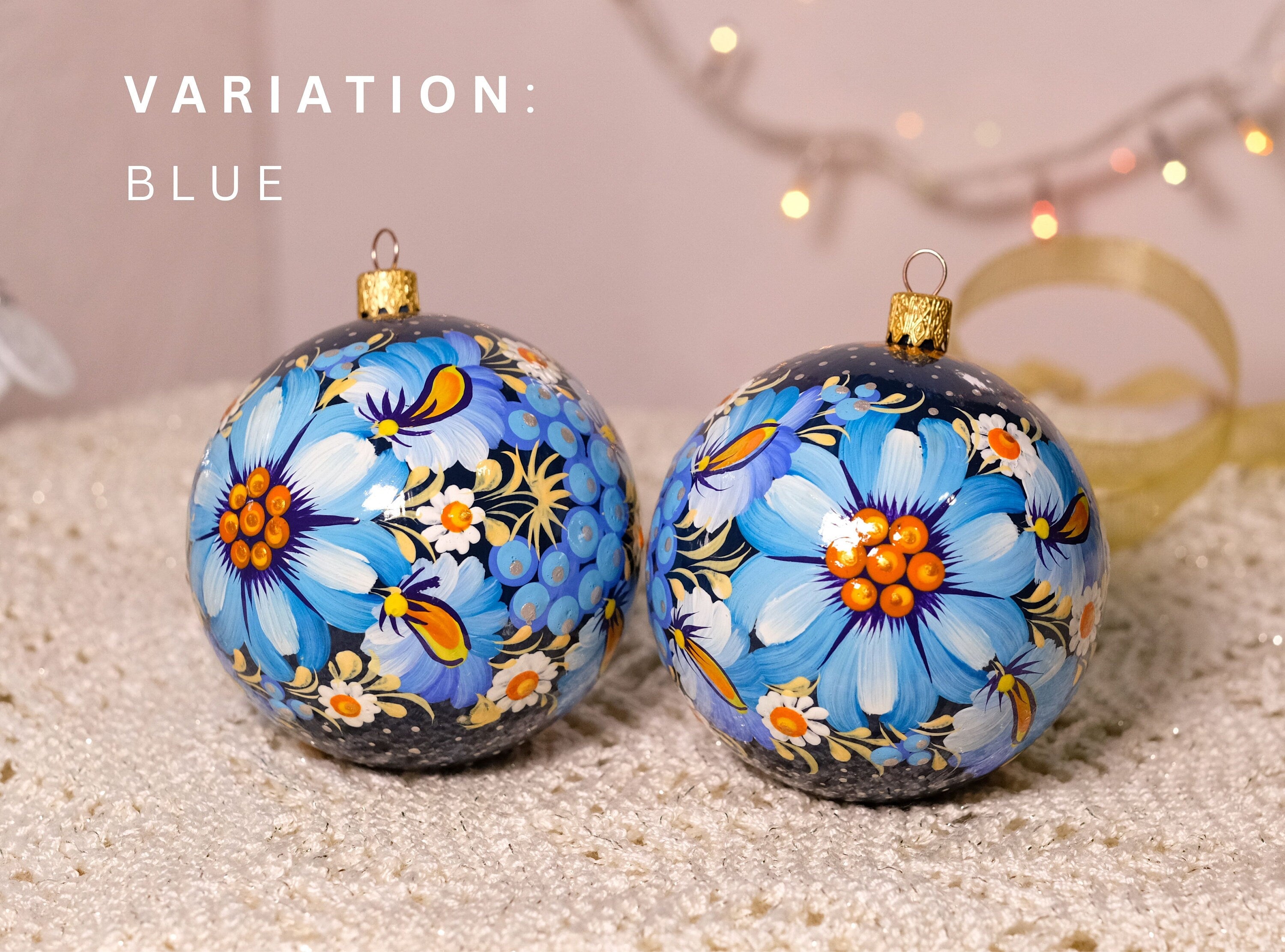 Hand-painted Blue Flower Christmas Ornament Ball 3.14 in