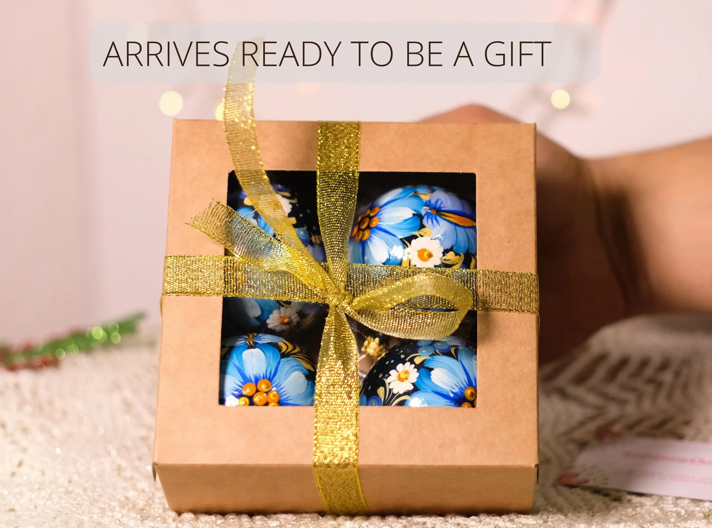 Hand-painted Blue Flower Christmas Ornament Ball 3.14 in