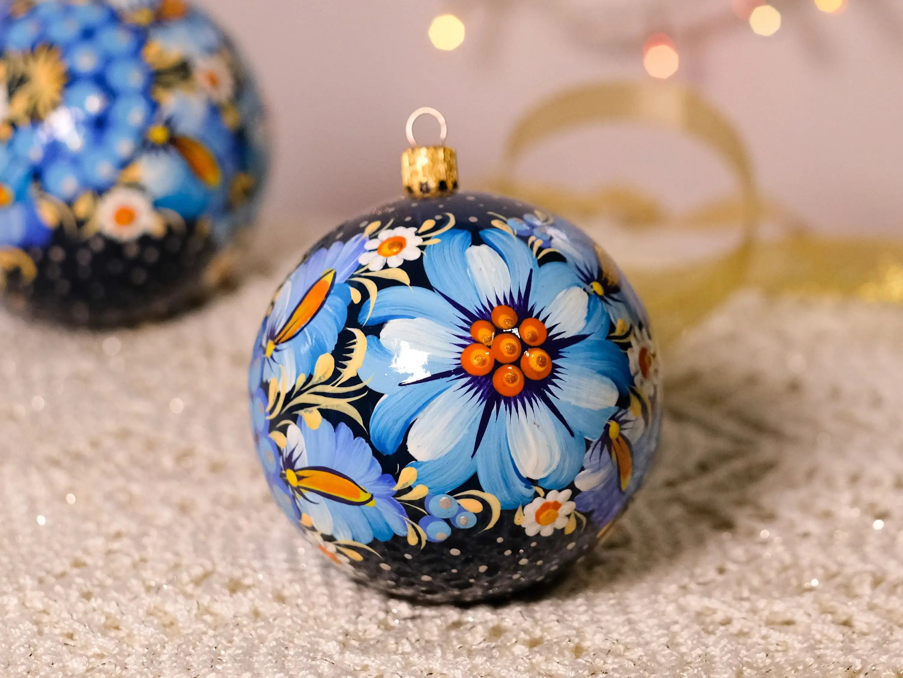 Hand-painted Blue Flower Christmas Ornament Ball 3.14 in