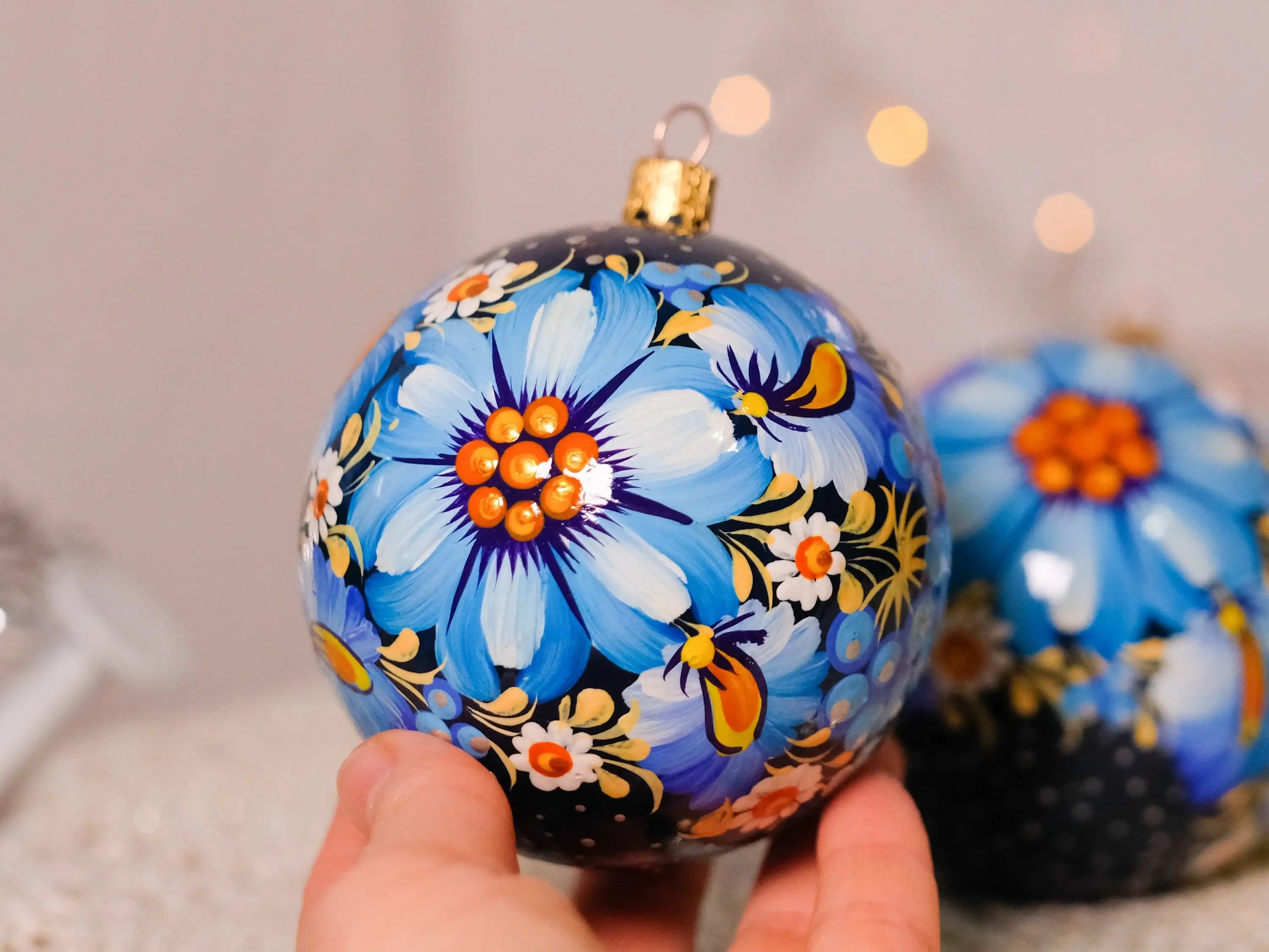 Hand-painted Blue Flower Christmas Ornament Ball 3.14 in