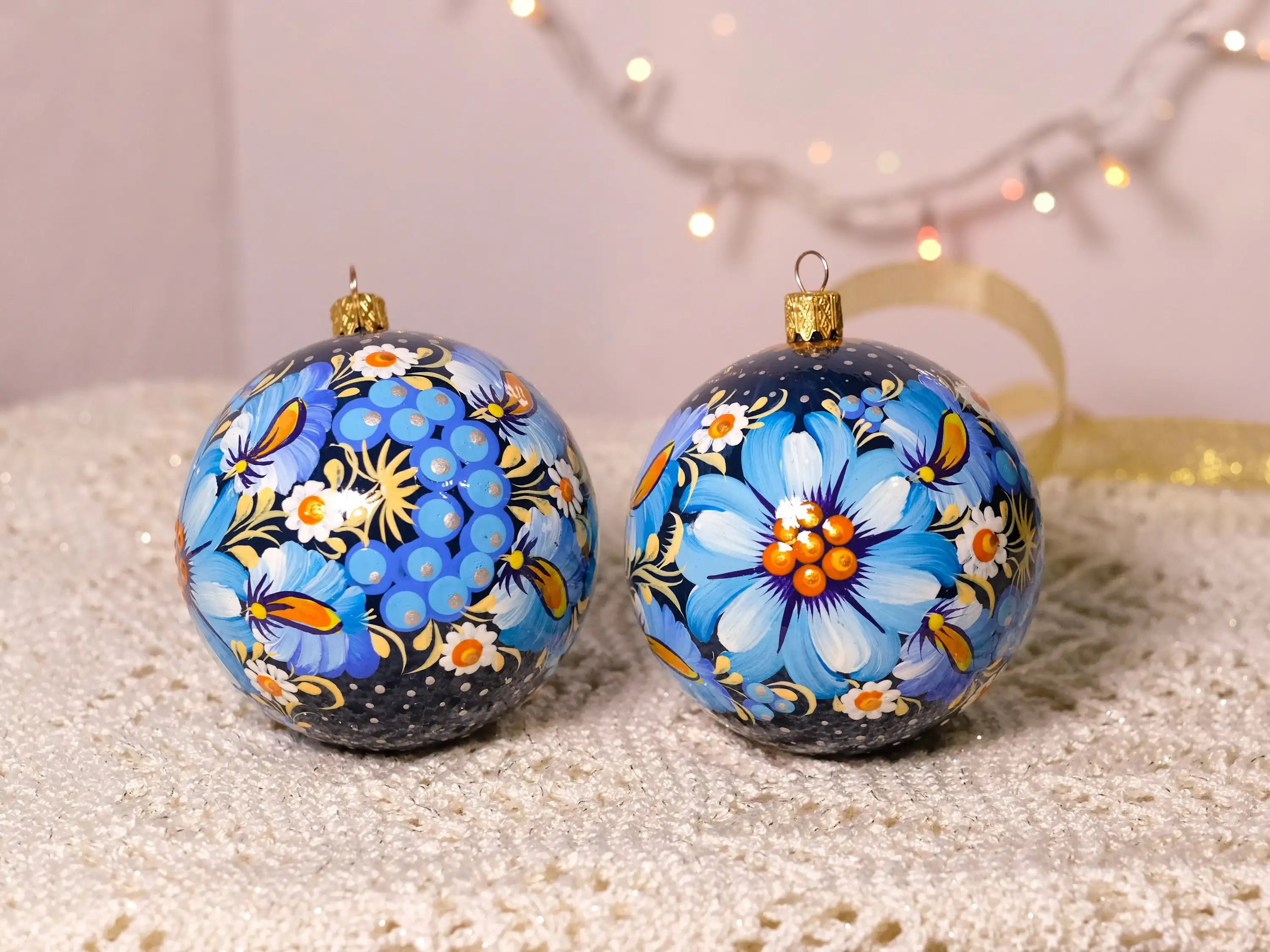 Hand-painted Blue Flower Christmas Ornament Ball 3.14 in