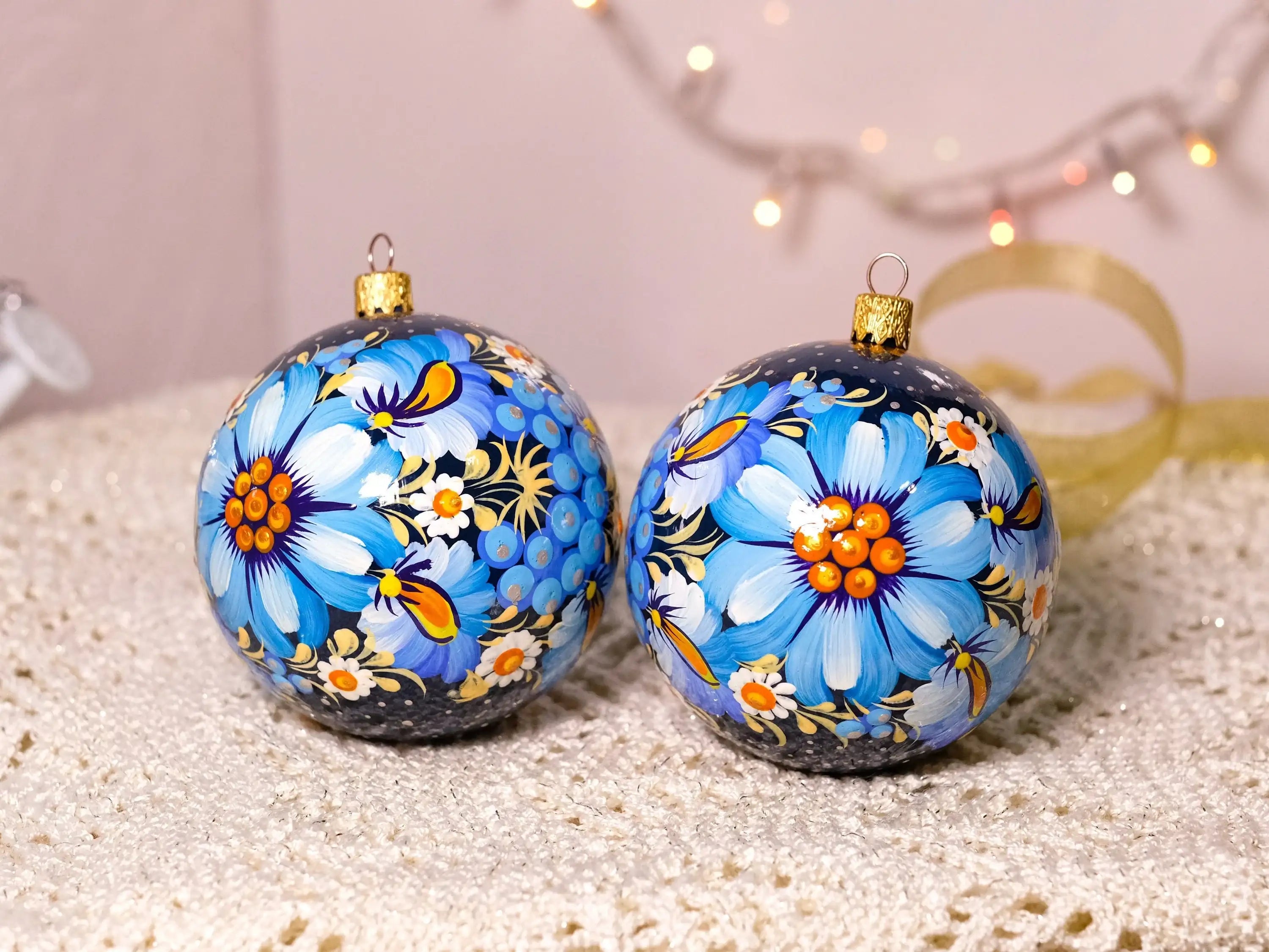 Hand-painted Blue Flower Christmas Ornament Ball 3.14 in