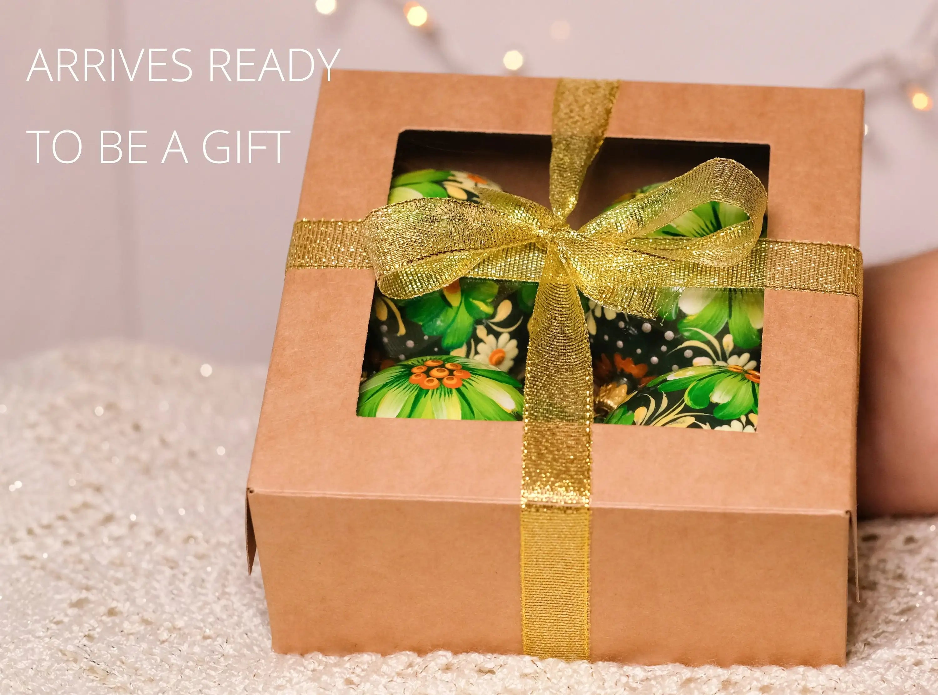 Set of 4 Painted Green Flower Ukrainian Christmas Ball Ornaments 2.4 in, Gift-wrapped