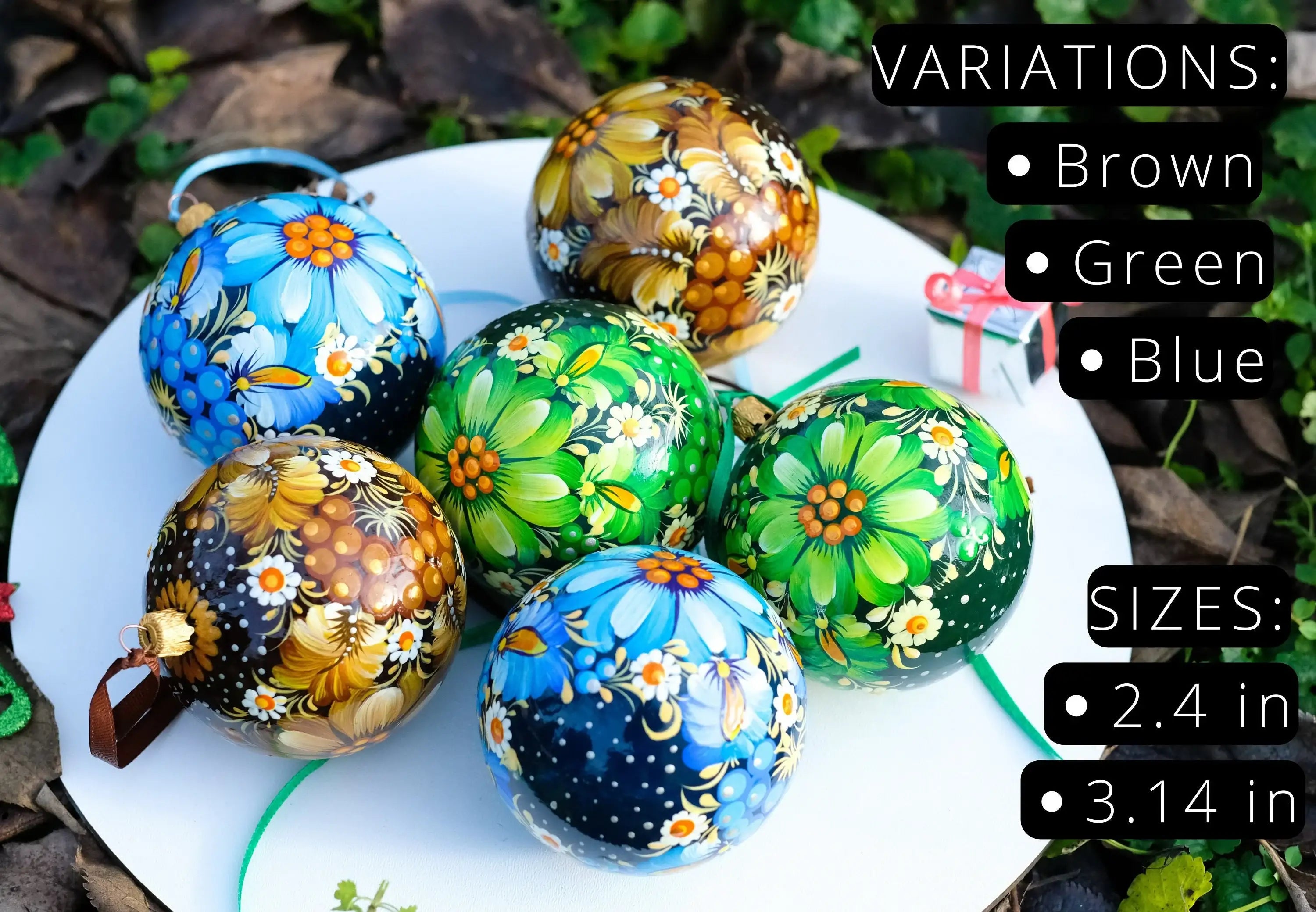 Set of 4 Painted Green Flower Ukrainian Christmas Ball Ornaments 2.4 in, Gift-wrapped