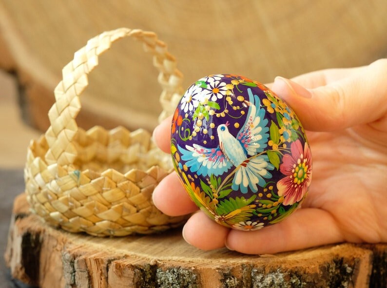 Wooden Easter Egg Hand-painted with Ukrainian Petrykivka Art