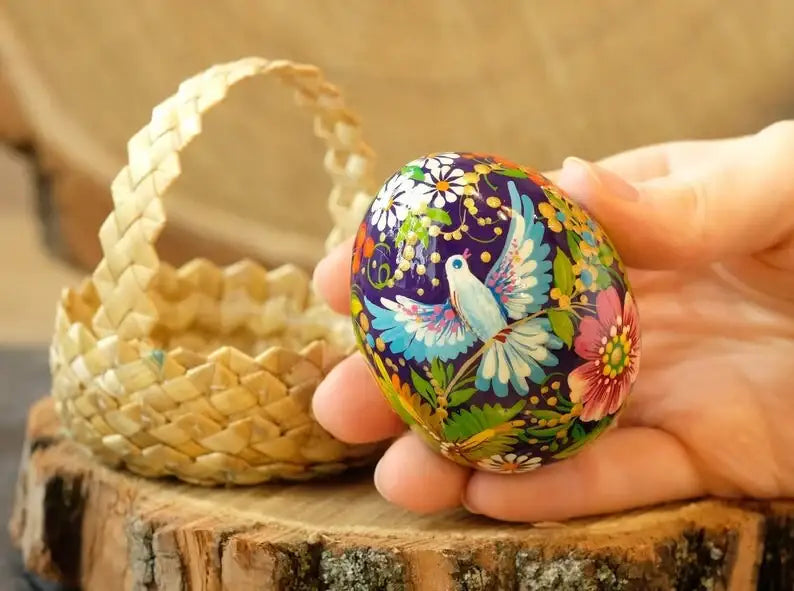 Wooden Easter Egg Hand-painted with Ukrainian Petrykivka Art