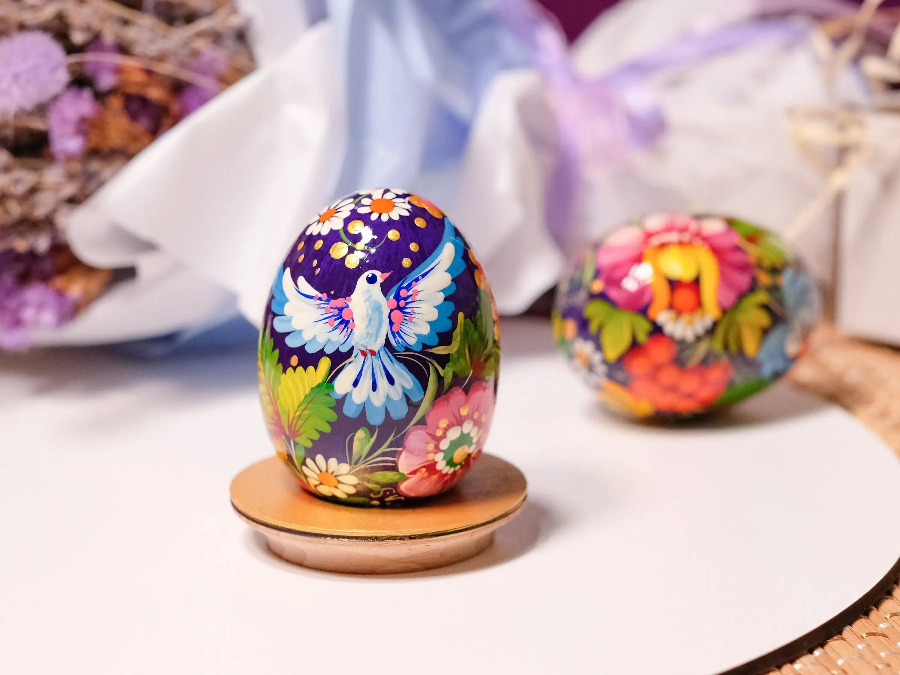Wooden Easter Egg Hand-painted with Ukrainian Petrykivka Art