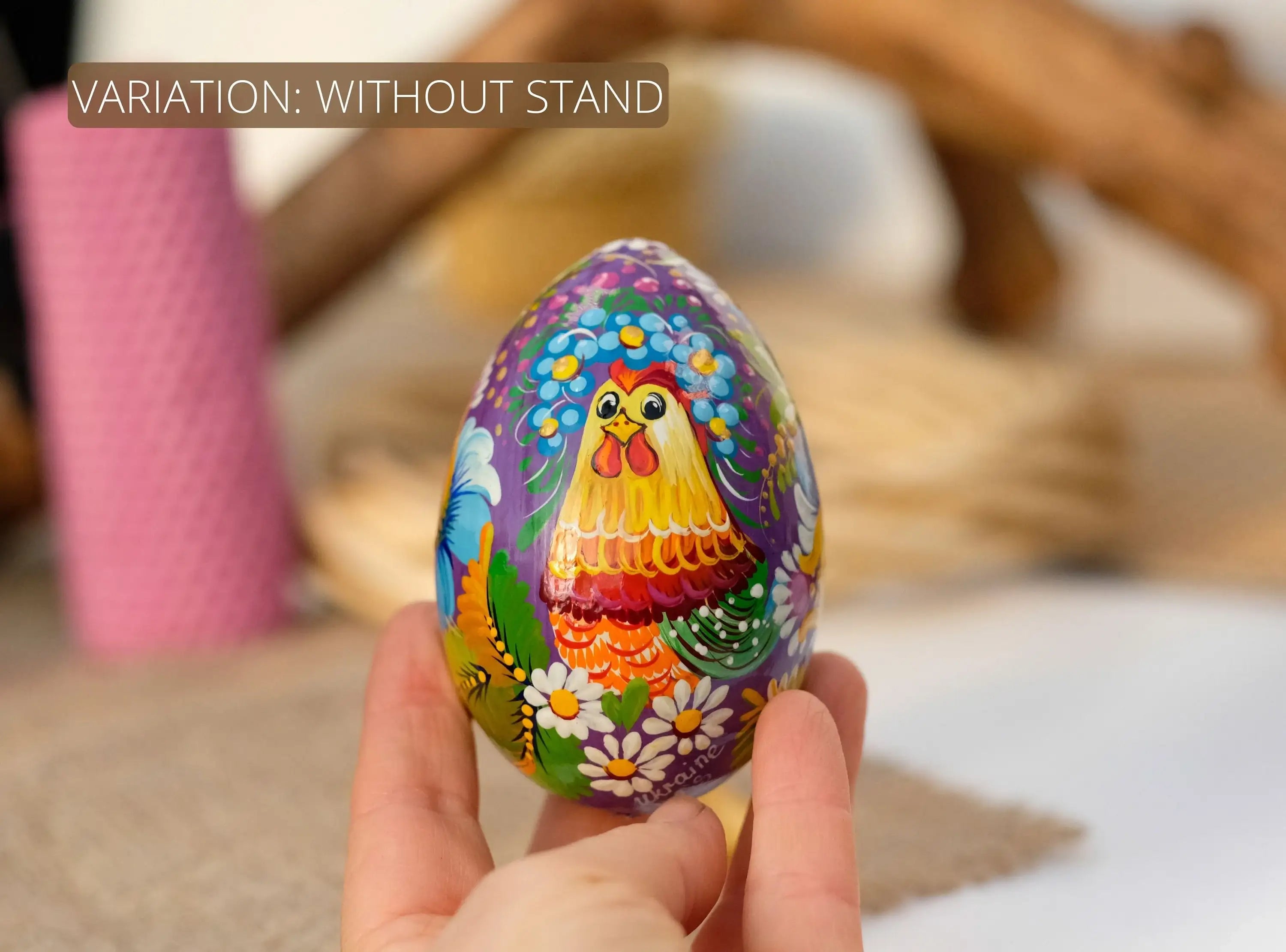 Wooden Ukrainian Goose-size Easter Egg with Painted Rooster