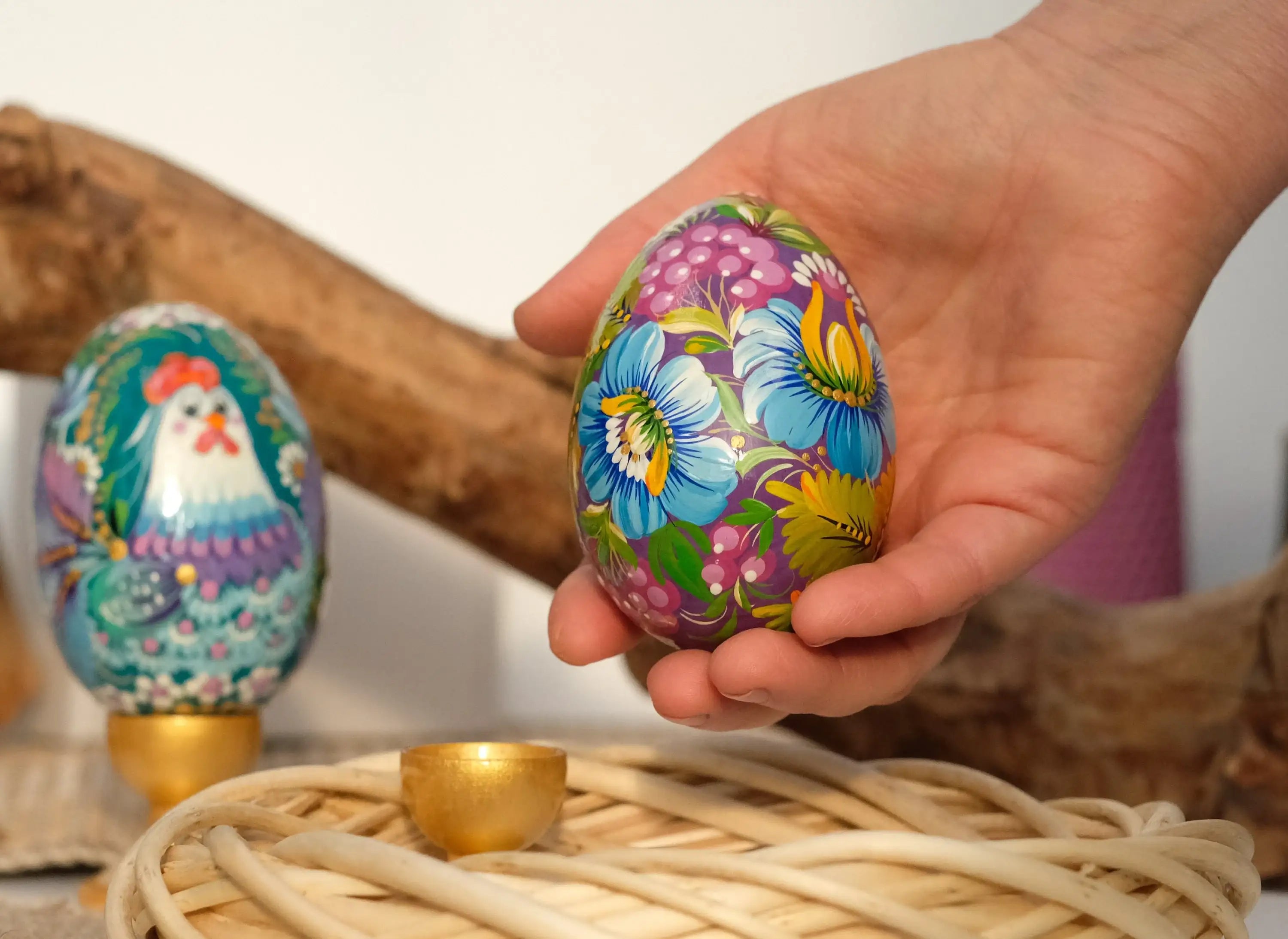 Wooden Ukrainian Goose-size Easter Egg with Painted Rooster