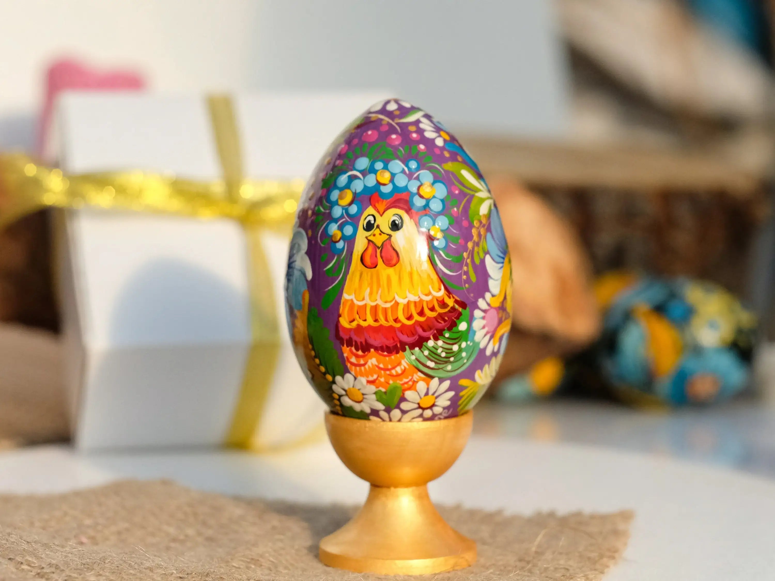 Wooden Ukrainian Goose-size Easter Egg with Painted Rooster
